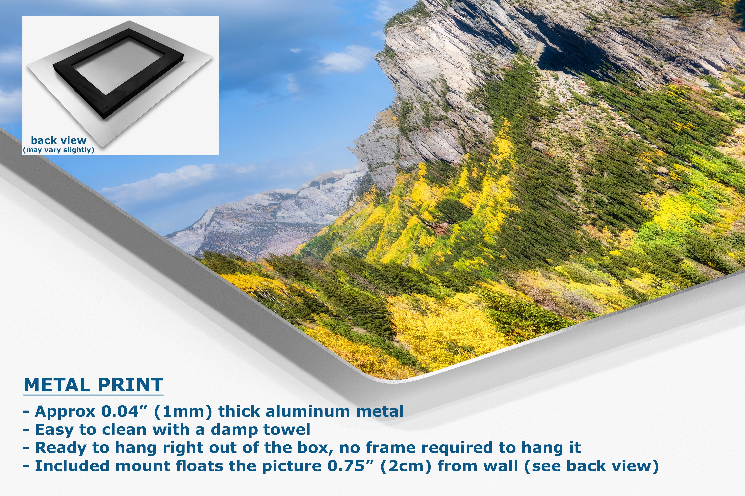 A metal wall art print showing a mountain landscape with blue sky and yellow-green trees, presented at an angle with product text and a small back-view inset on a white background.