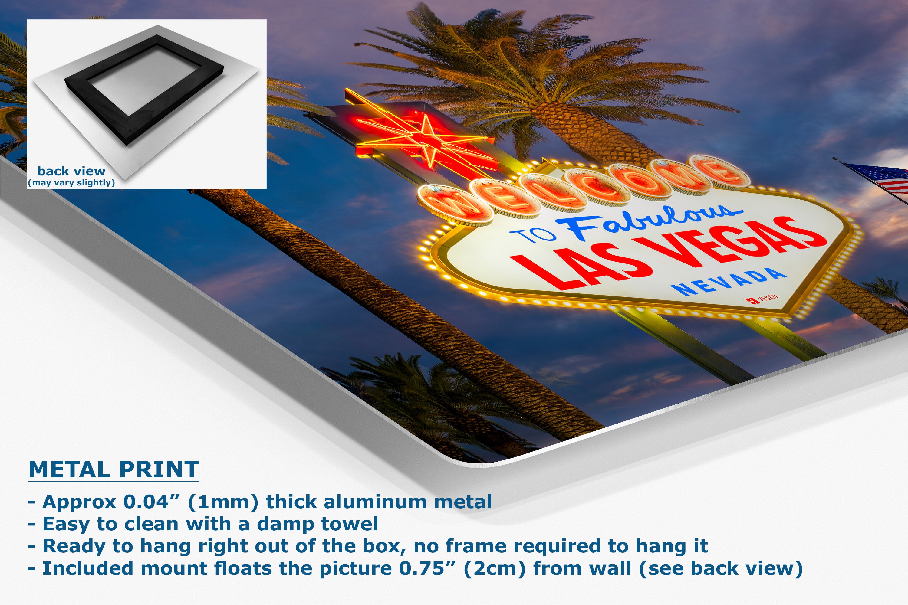 A corner view of an aluminum metal print of the 'Welcome to Fabulous Las Vegas' sign shown at an angle with a small inset back view and descriptive text. The print features the iconic neon sign in red, blue, and yellow against a twilight sky with palm trees, mounted on a white surface.