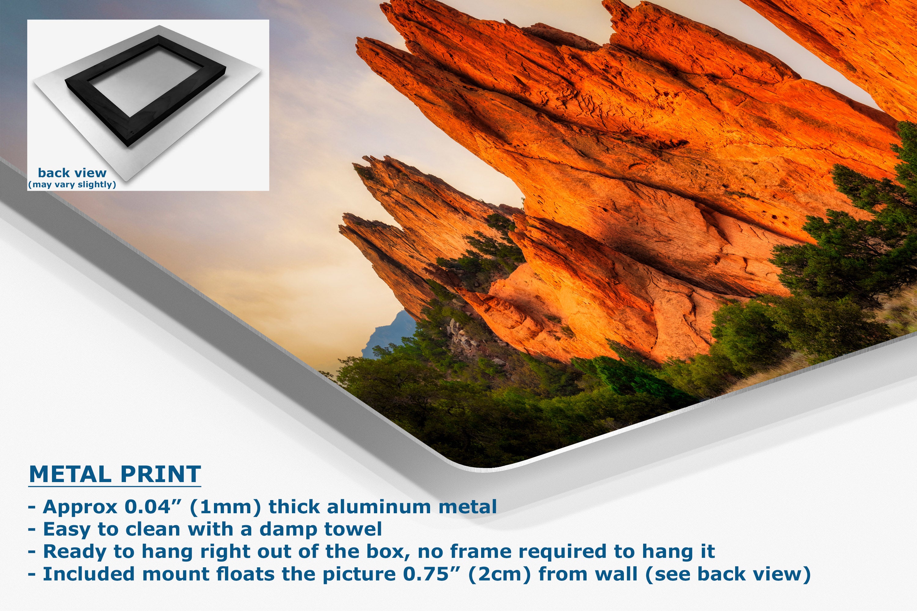 A corner view of an aluminum metal print of a scenic landscape with text detailing its features.
