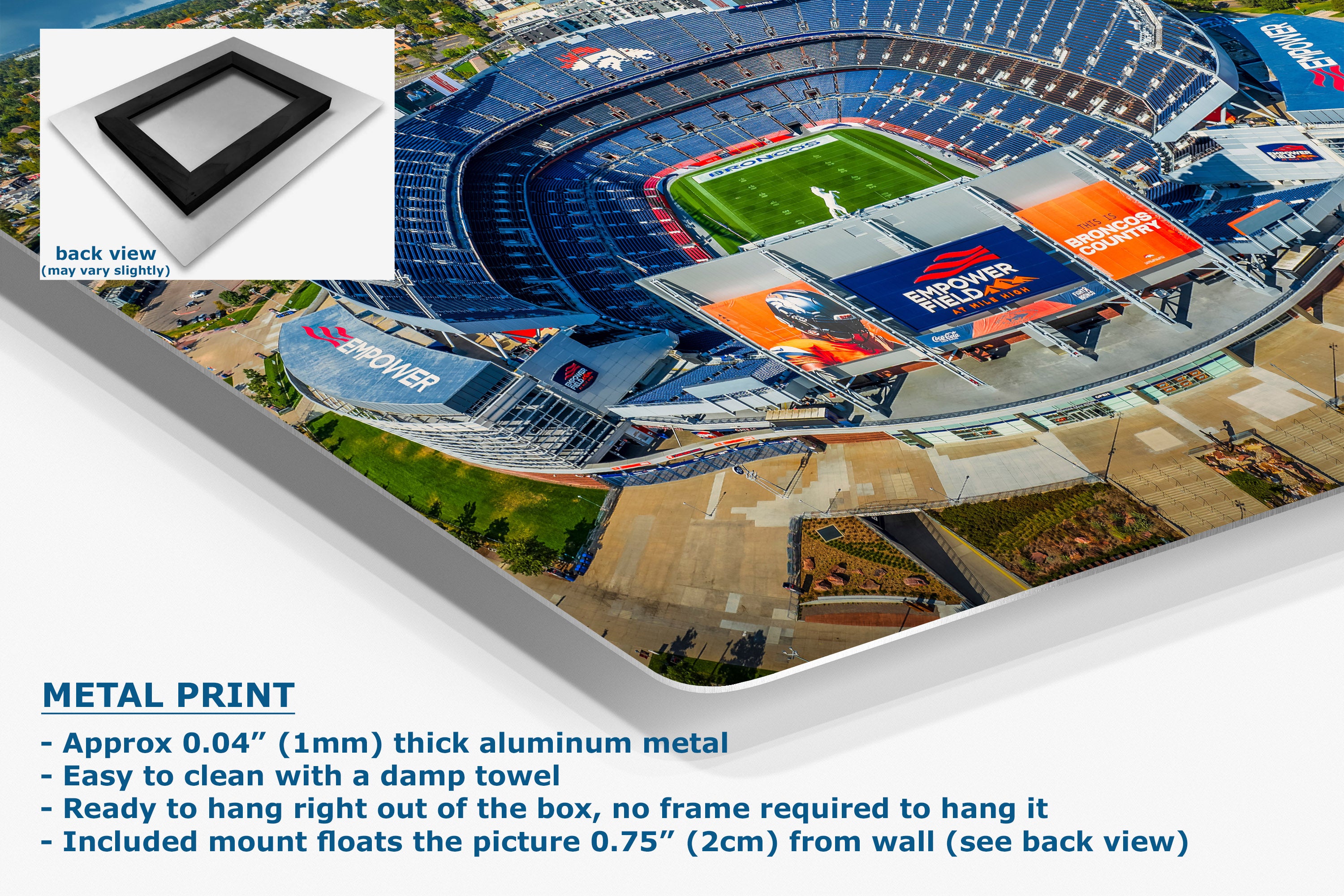 A corner view of an aluminum metal wall art print showing an aerial view of a large football stadium, presented at an angle with product details and text on a white background. An inset shows the back view of the print with a black frame.