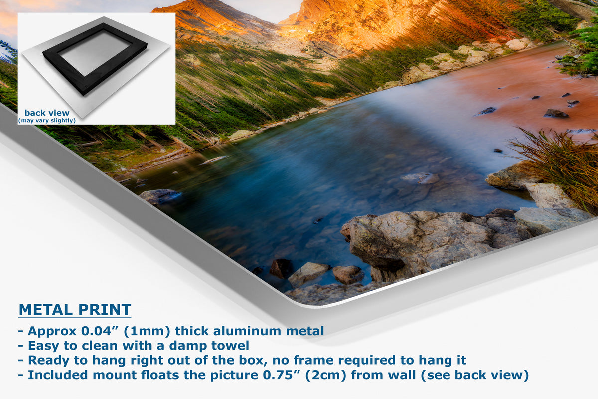 A corner view of an aluminum metal print showing a mountain river landscape, with a small inset back-view of the frameless panel and text describing the product features.