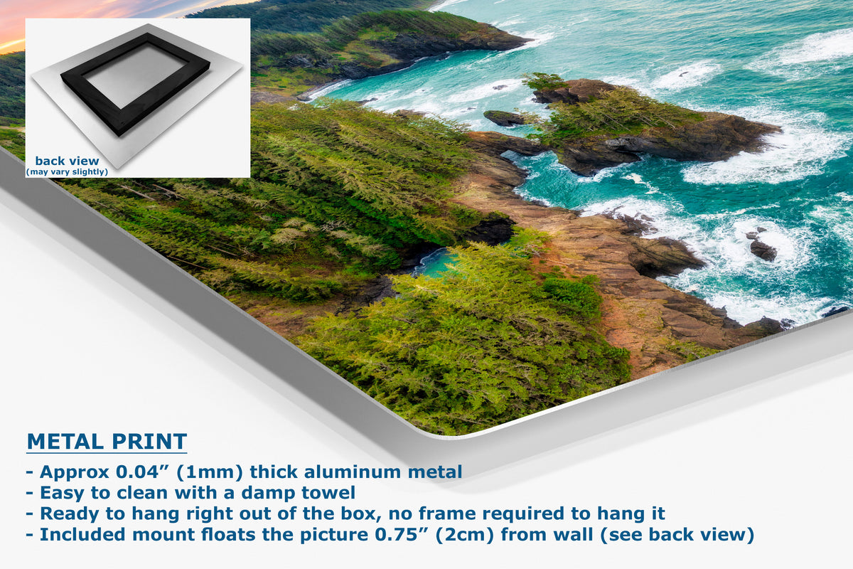 A corner view of an aluminum wall art print of a coastal landscape with green cliffs, blue water, and white surf, presented at an angle, with a small inset back-view graphic and text describing the aluminum metal print's features.