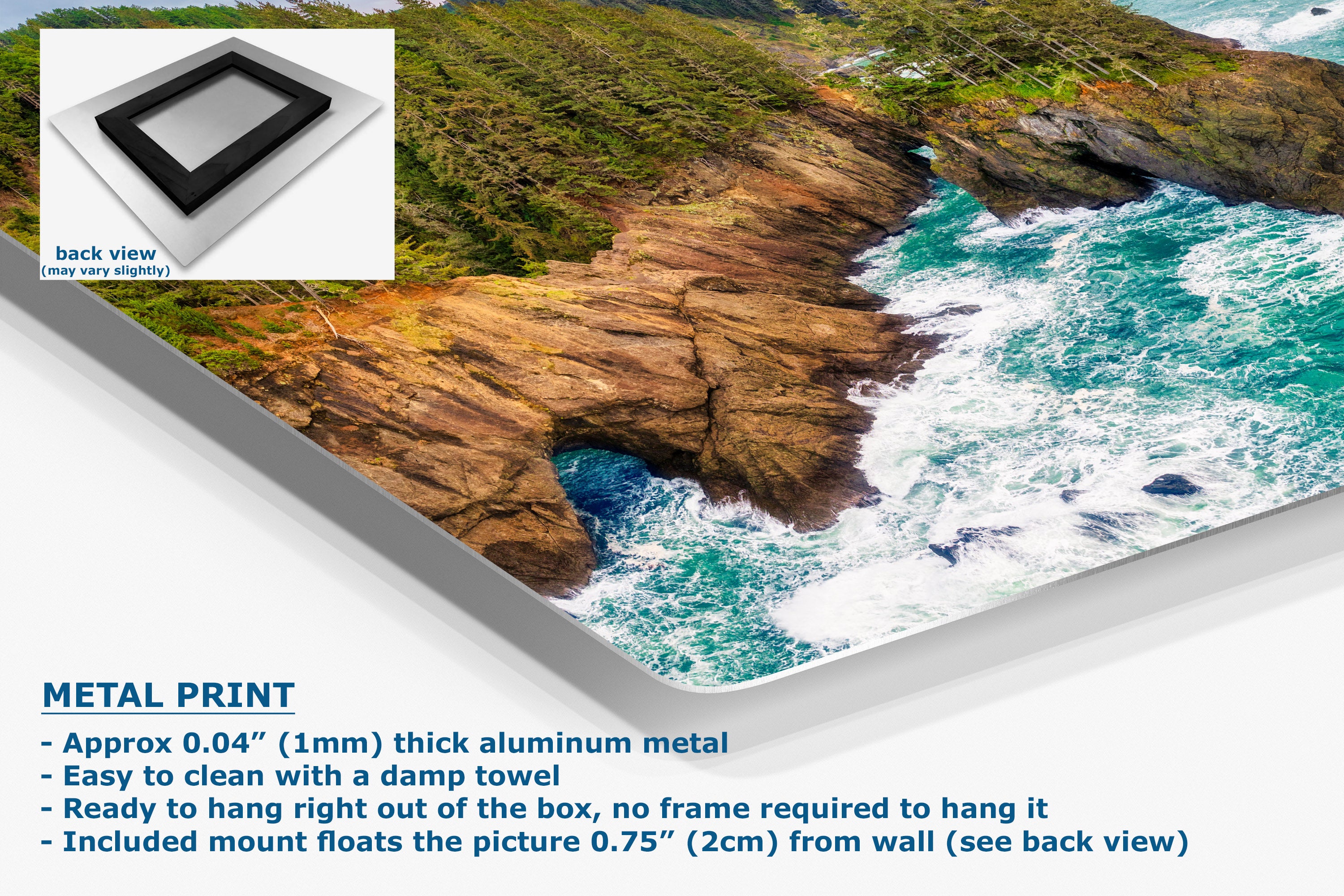 A metal wall art print showing a coastal rocky shoreline with turquoise water and green cliffs, presented at an angle with a small inset back-view swatch and text describing the aluminum finish and mounting details.