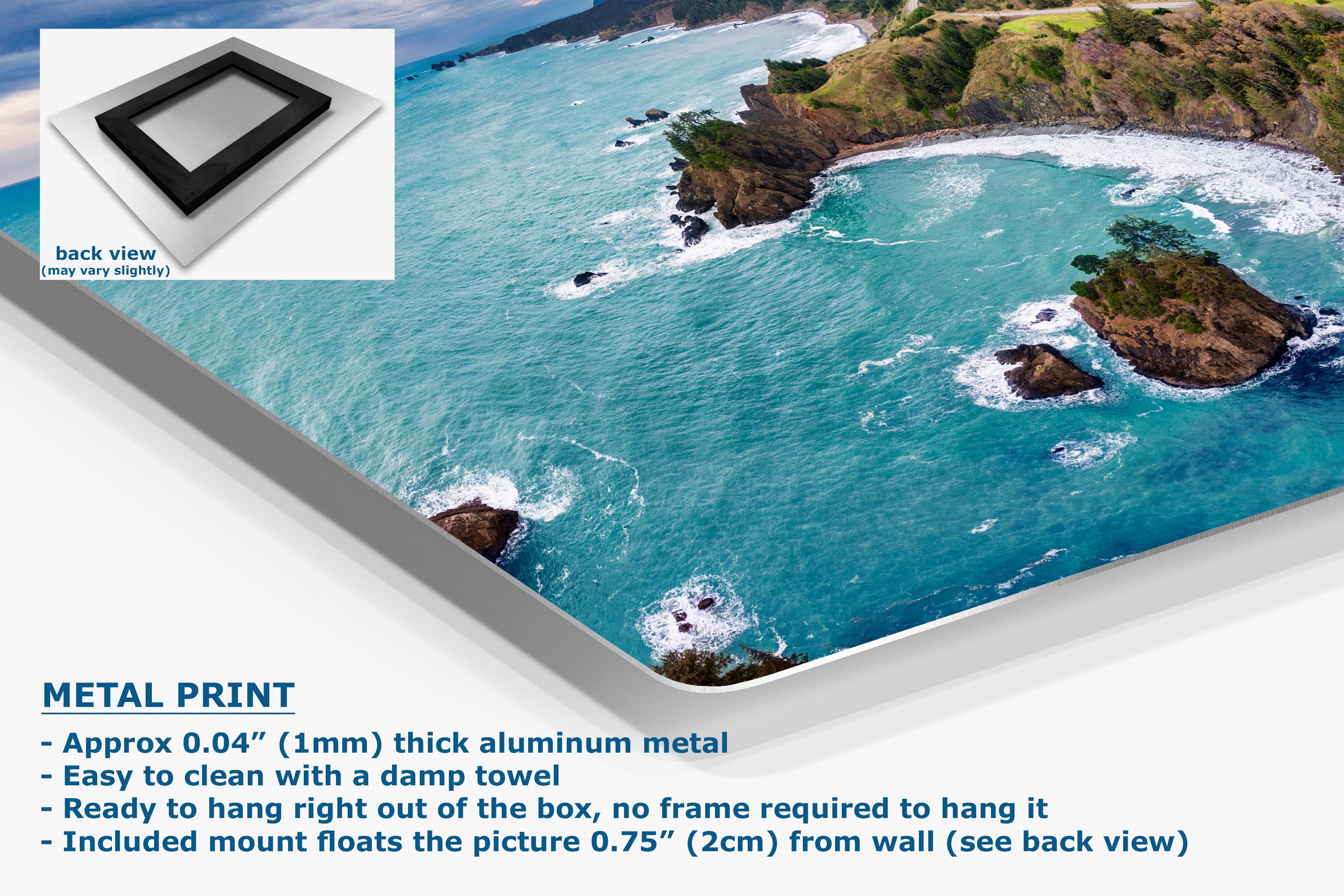 A corner view of an aluminum metal print poster showing a coastal ocean scene with turquoise water, rocky islands, and green cliffs, presented at an angle with product text and a small back-view inset. The text highlights aluminum metal construction and mounting details.