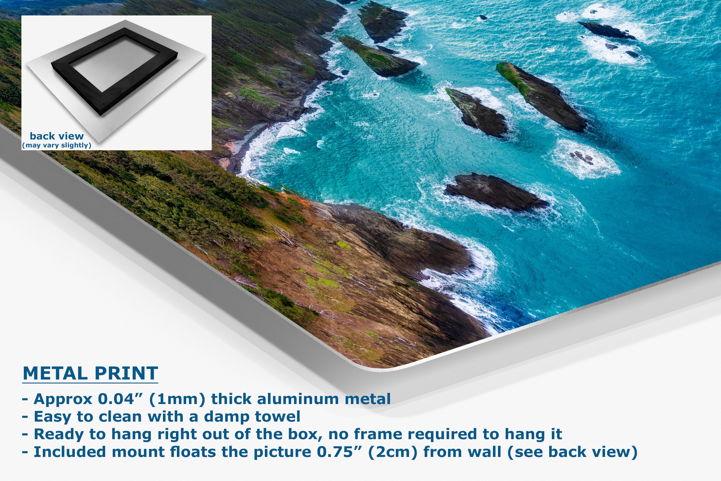A large aluminum metal print of a coastal landscape with turquoise ocean, rocky cliffs, and green vegetation, shown at an angle with product details and text on a white background. An inset shows the back view of the frame.