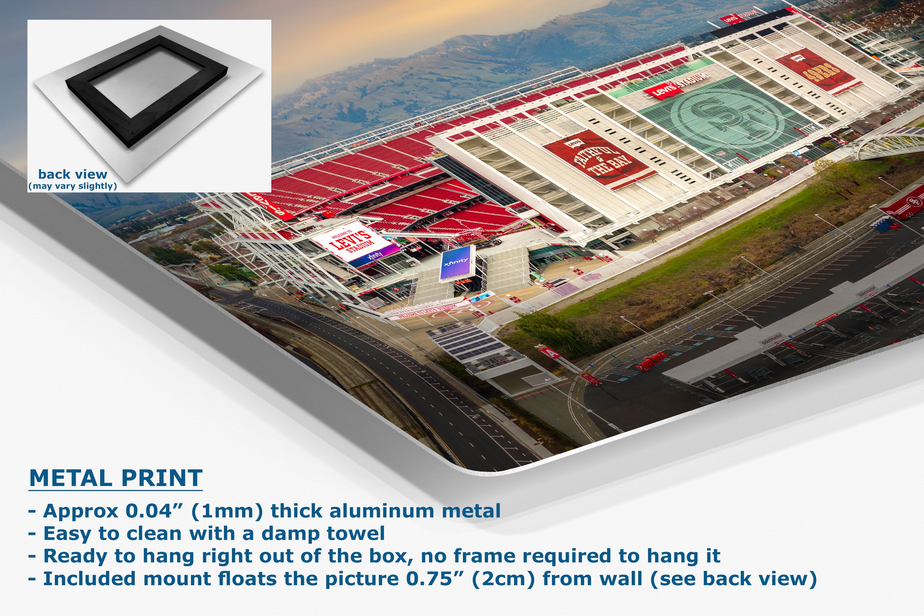 A corner view of an aluminum metal wall art print of the San Francisco 49ers football stadium, shown at an angle with a white background and product specifications text. An inset in the top-left corner shows the back view of the black-framed print.