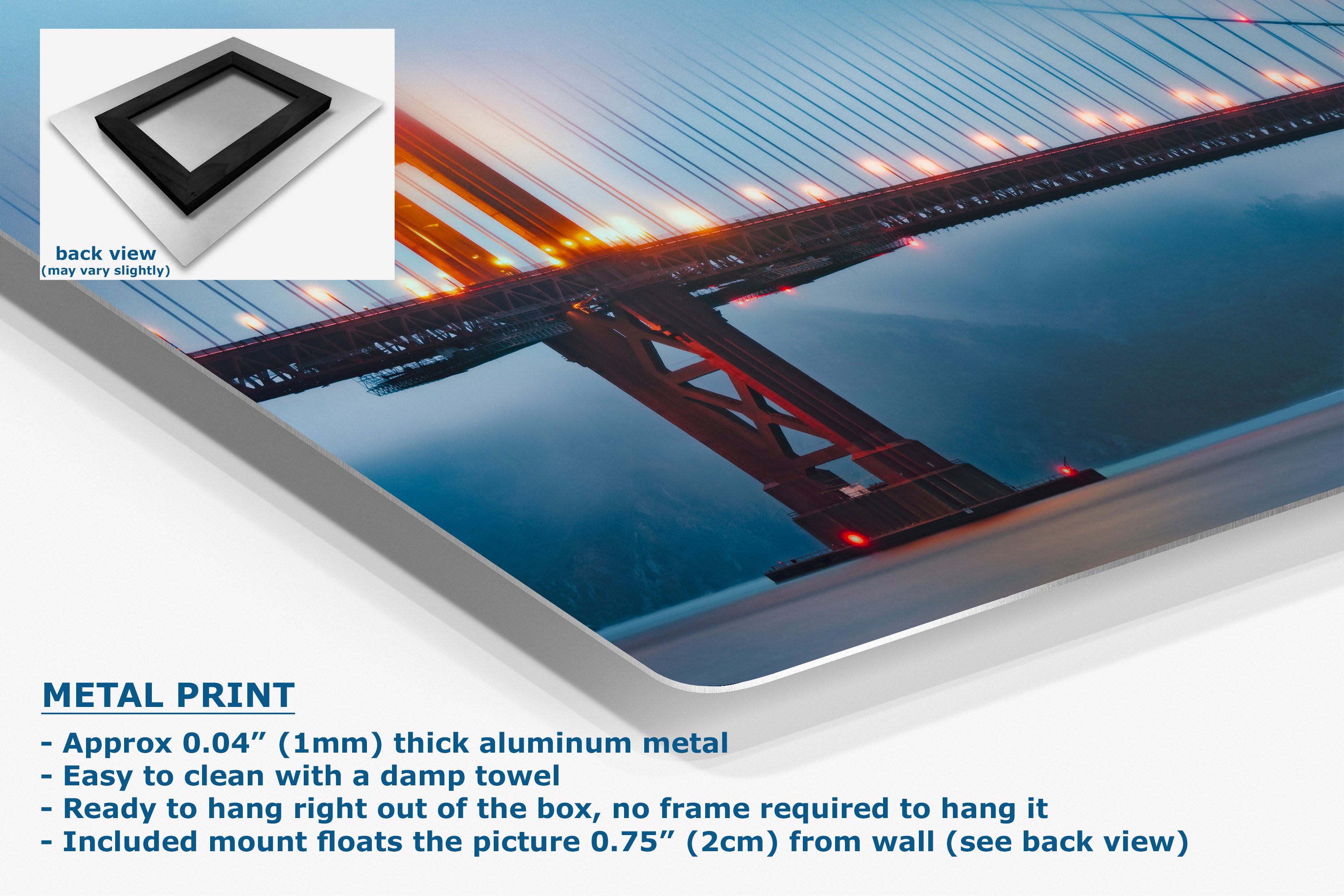 A metal print panel showing a bridge over water at night, with text describing the product as a 0.04" (1mm) thick aluminum metal print and a small back-view inset showing a black frame.