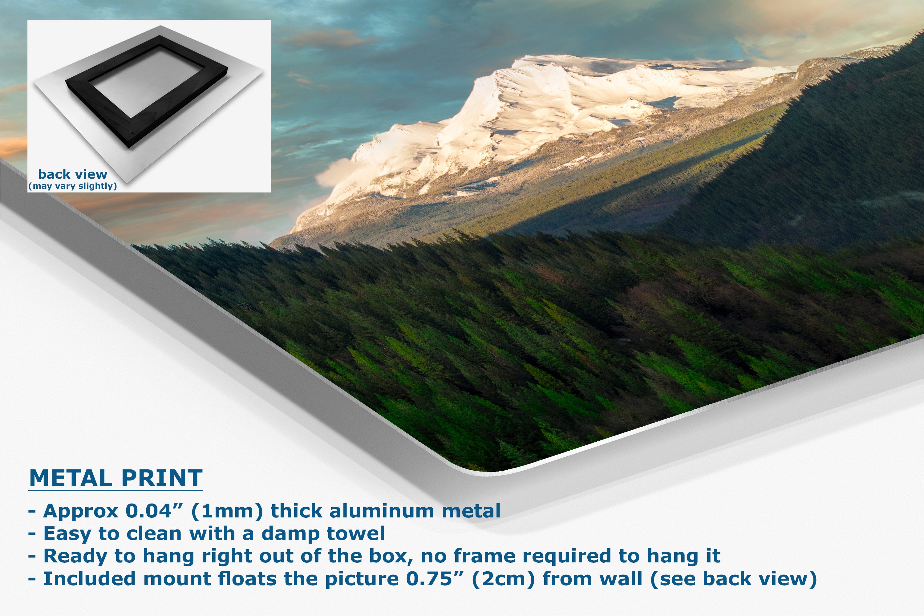 Aluminum metal wall art print featuring a scenic landscape of snow-capped mountains and green forest, shown at an angle with product details and text overlays on a white background.