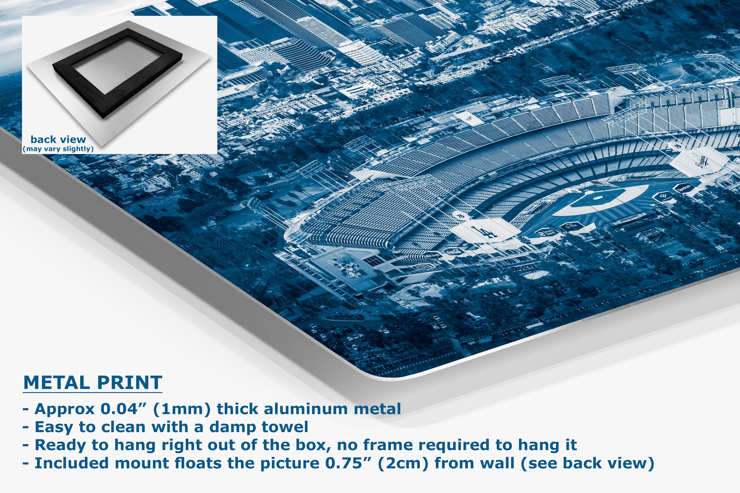 A blue-toned metal wall art print showing an aerial stadium scene, with a small inset showing the back view and text describing the aluminum metal print features.