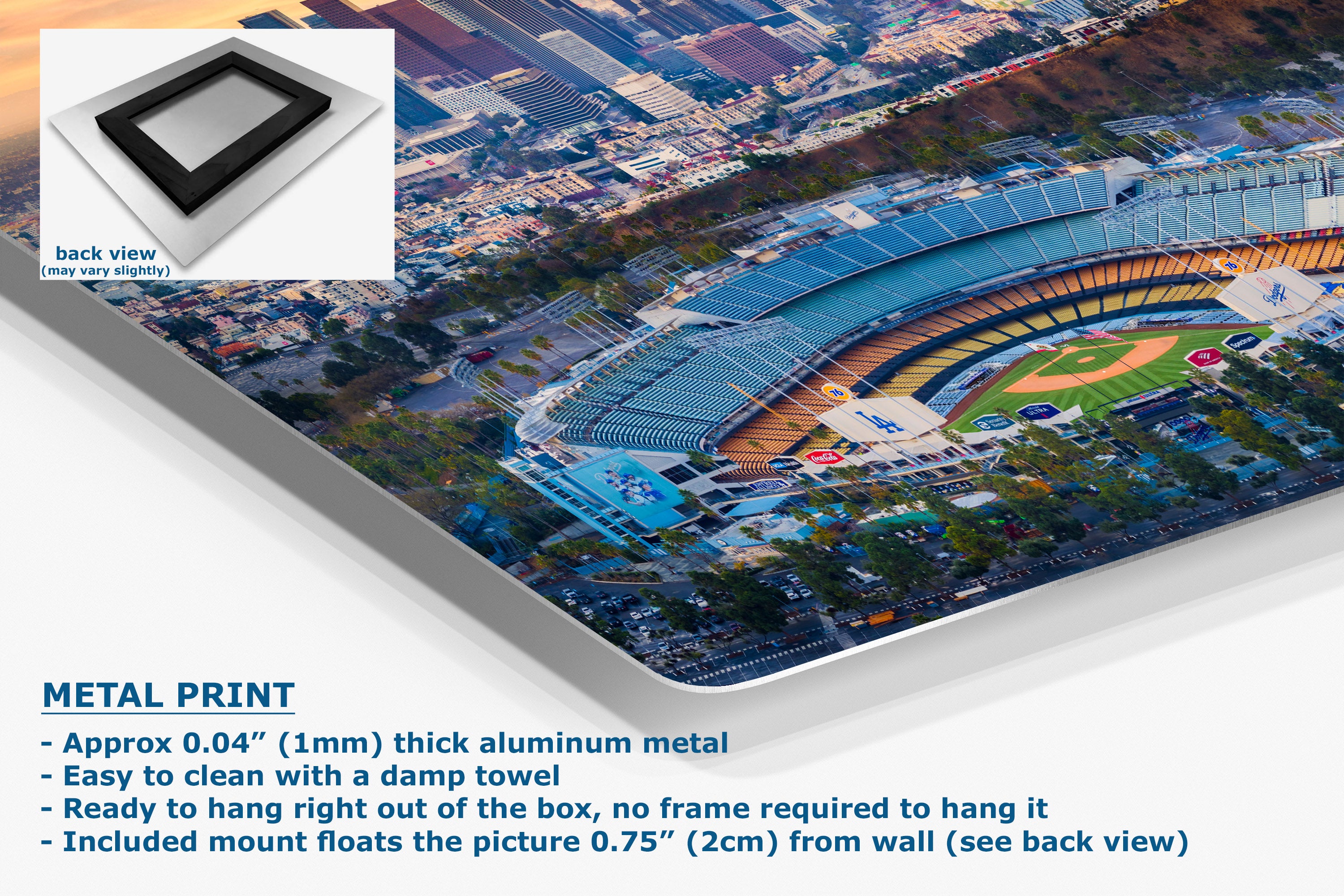 A large aluminum metal print of an aerial view of a baseball stadium, shown at an angle with a white background and product specifications text below.