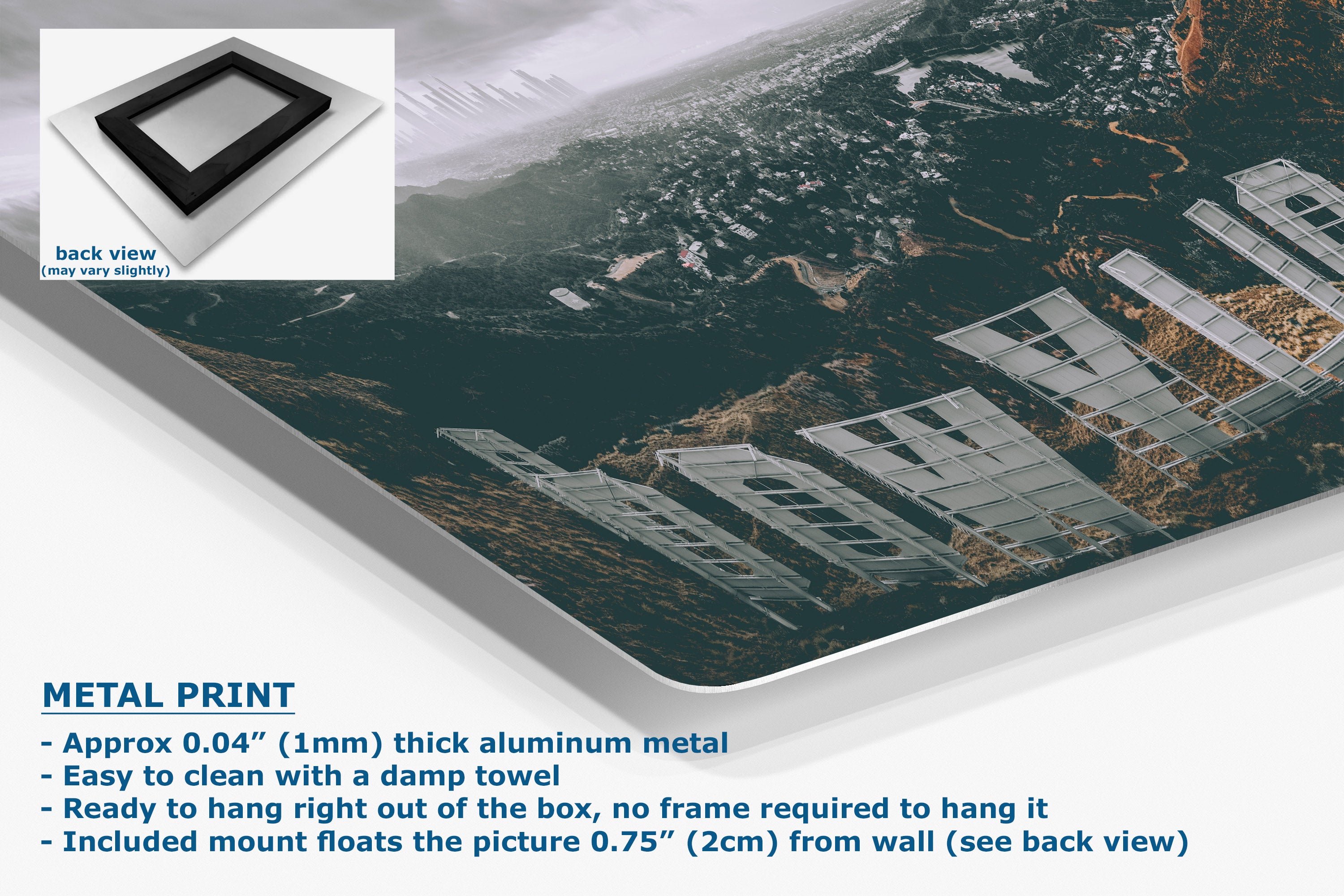 Metal print with text describing its features, including thickness and ease of hanging.