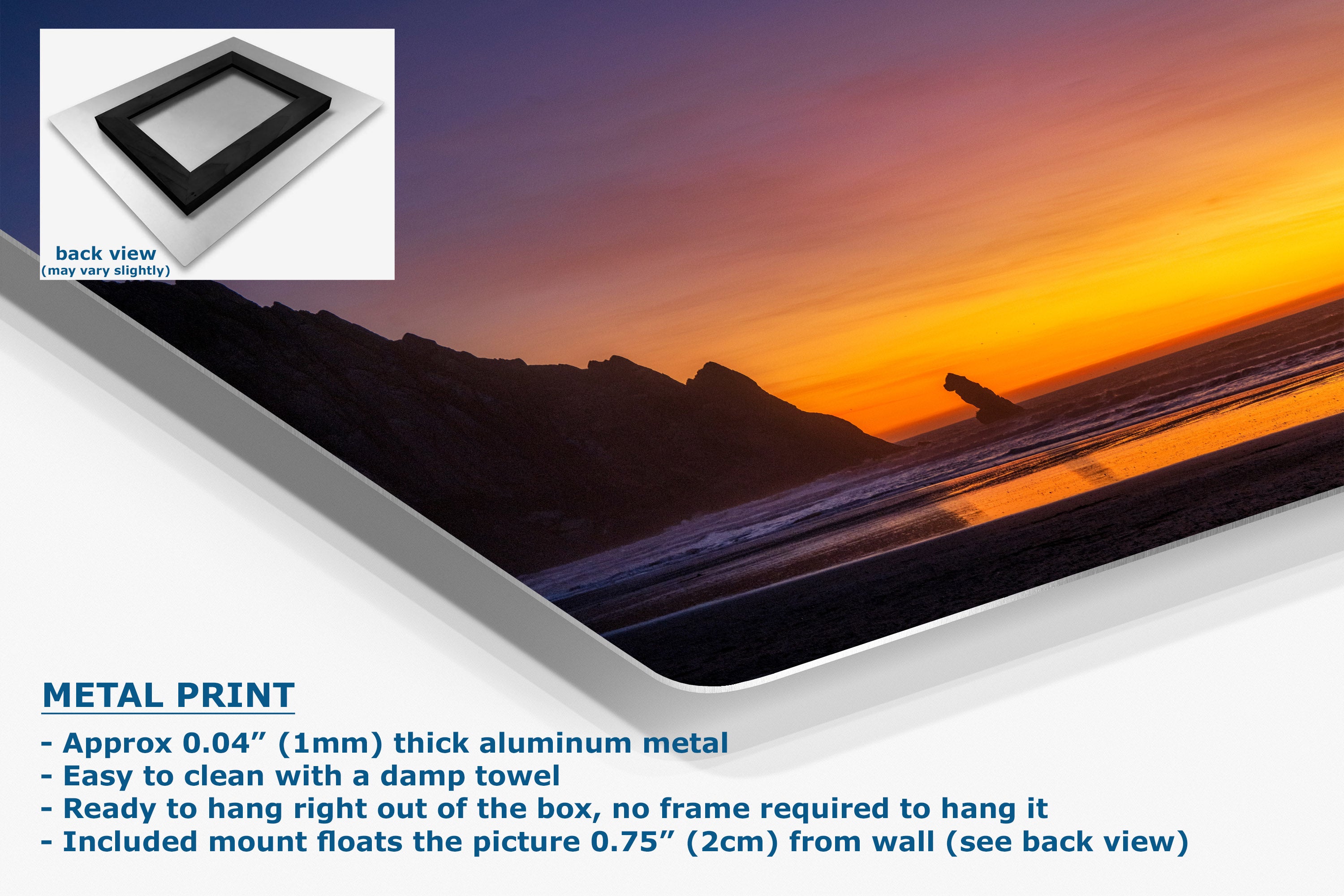 A corner view of an aluminum wall art print depicting a beach sunset, with a small inset back view of the frame and text describing the aluminum finish and mounting details.