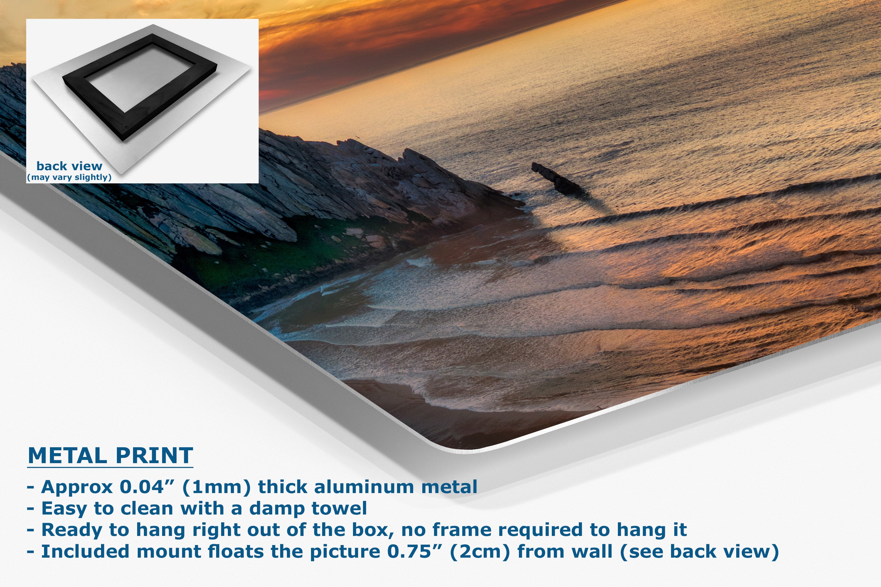 A metal wall art print showing a beach and ocean sunset scene, presented at an angle with product text and a small back-view inset on a white background.