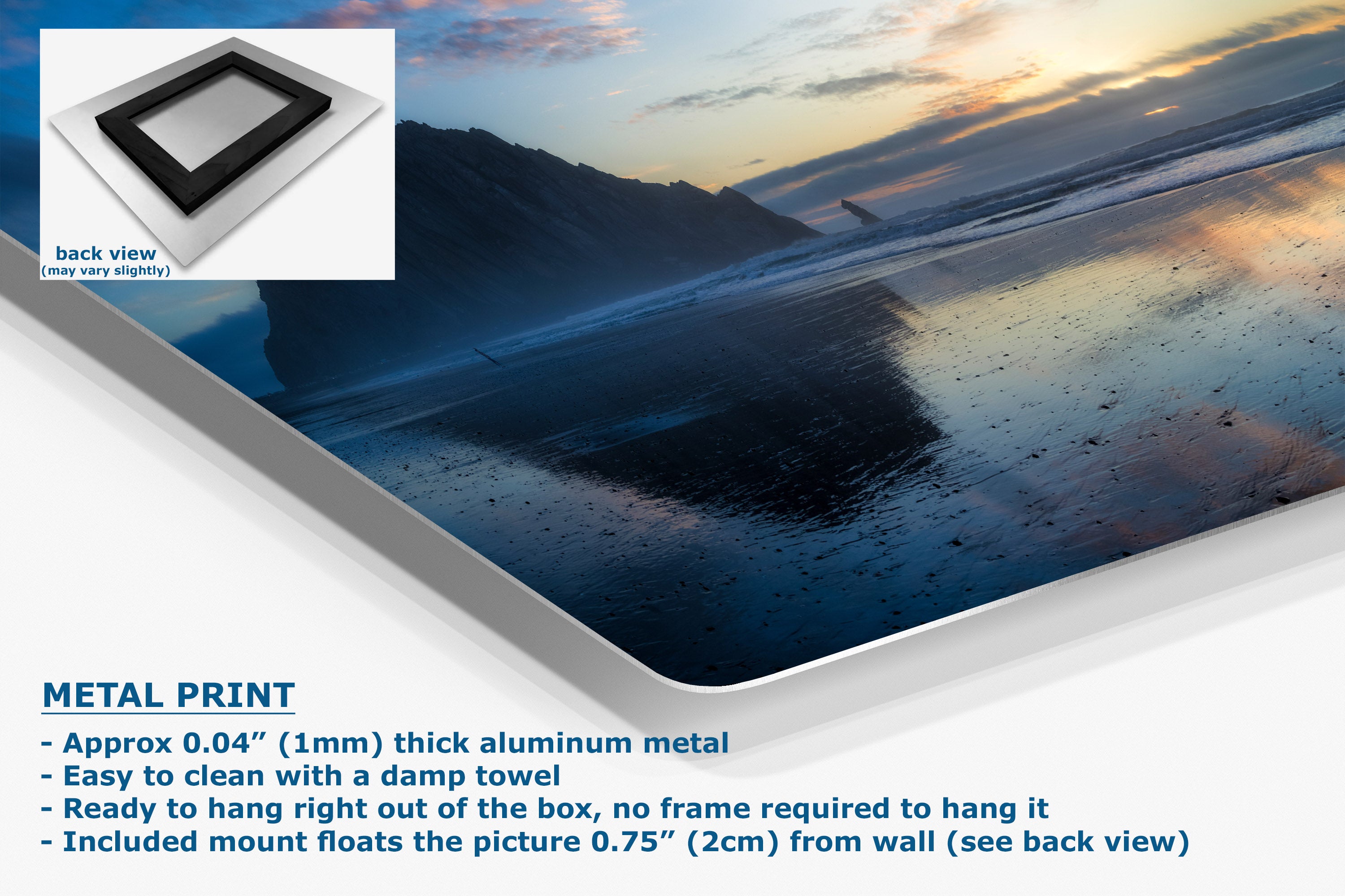 A large aluminum metal print panel showing a beach sunset landscape, with a small inset showing the back view of the frame. Text on the left describes the product as a metal print with aluminum construction and mounting details.