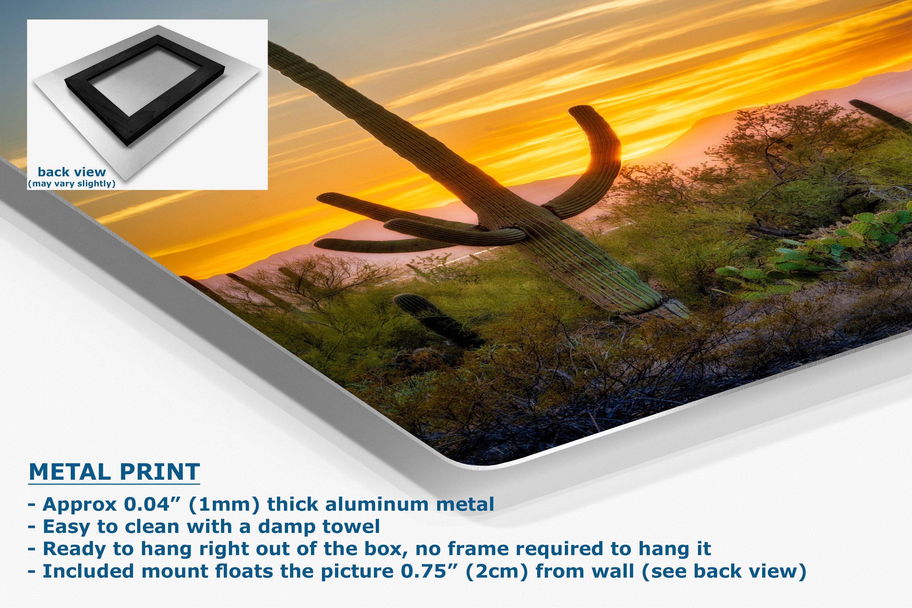 A metal wall art print showing a desert landscape with a saguaro cactus at sunset, presented at an angle with text callouts and a small back-view inset. The text highlights aluminum metal construction, damp towel cleaning, and wall mounting.