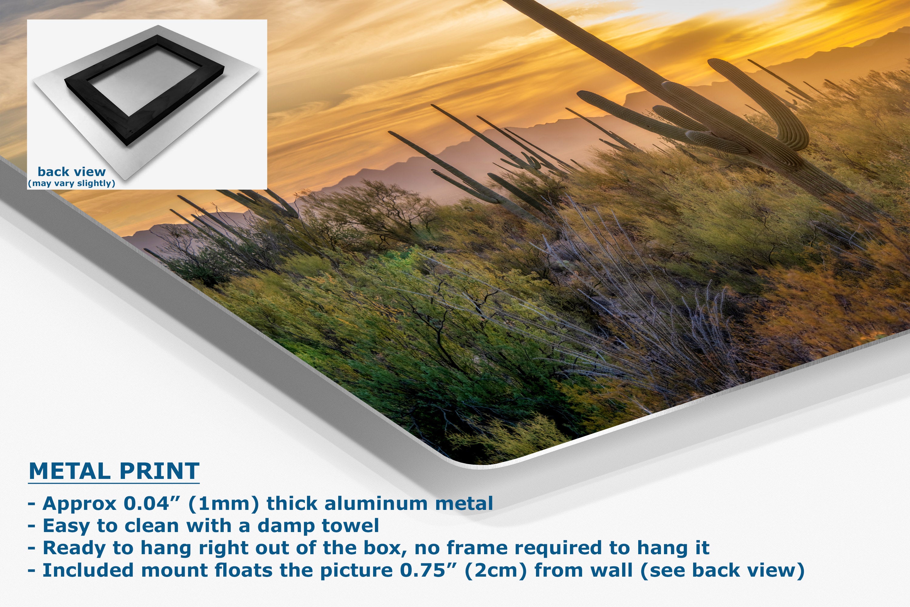 A metal wall art print showing a desert landscape with cacti at sunset, displayed at an angle with a white border and product text callouts. An inset shows the back view of the frame mount.