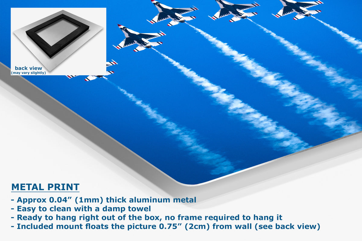 A corner view of an aluminum metal wall art print showing a bright blue sky with several fighter jets leaving white contrails. The image includes a small back-view inset, product text reading 'METAL PRINT,' and a white background.
