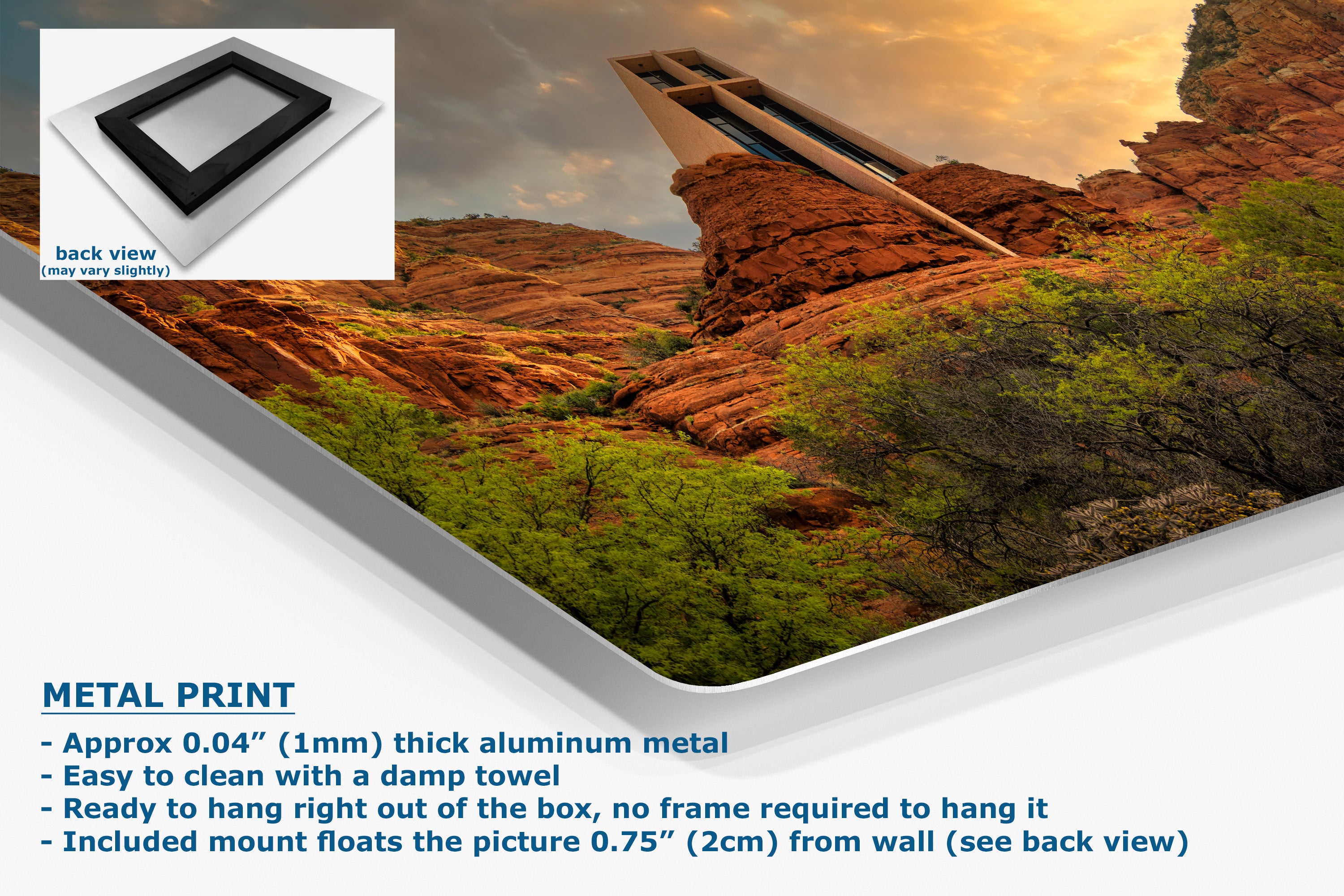 A corner view of an aluminum metal wall art print showing a desert canyon landscape with red rock formations and green vegetation under a warm sky, displayed at an angle with a small inset back view of the frame mount. Text on the image highlights the product as a metal print with aluminum construction and mounting details.