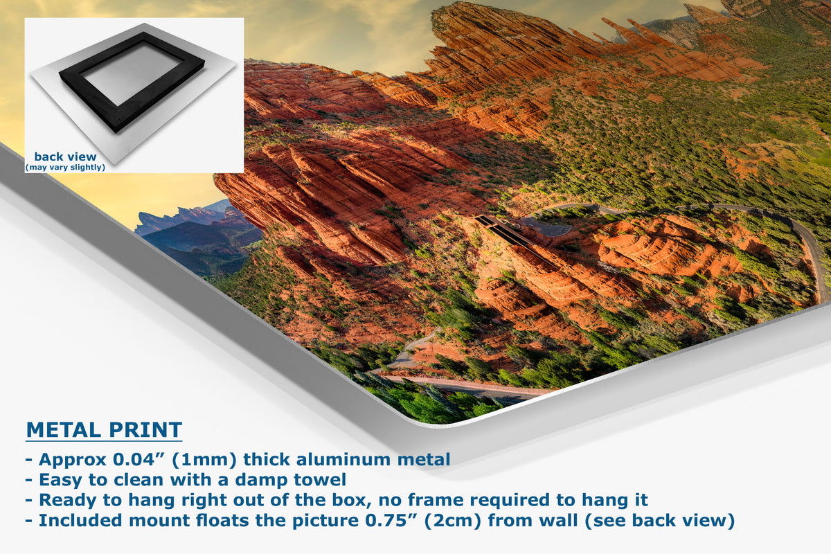A metal wall art print showing a desert canyon landscape, presented at an angle with text describing its aluminum finish and mounting features, plus a small inset showing the back view.