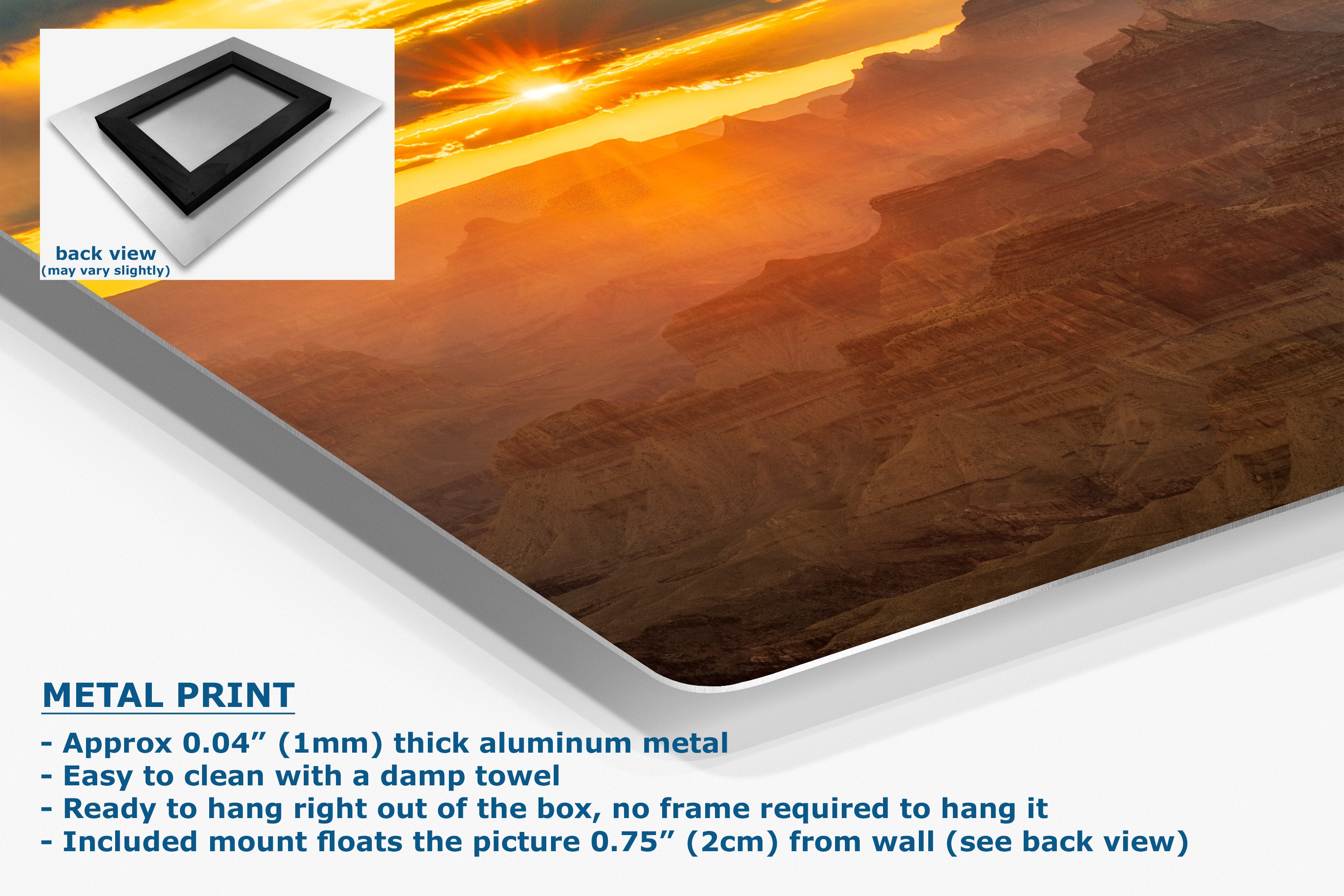 An aluminum metal print panel displaying a canyon landscape at sunset, shown at an angle with a small inset back-view swatch and descriptive text about the product features.