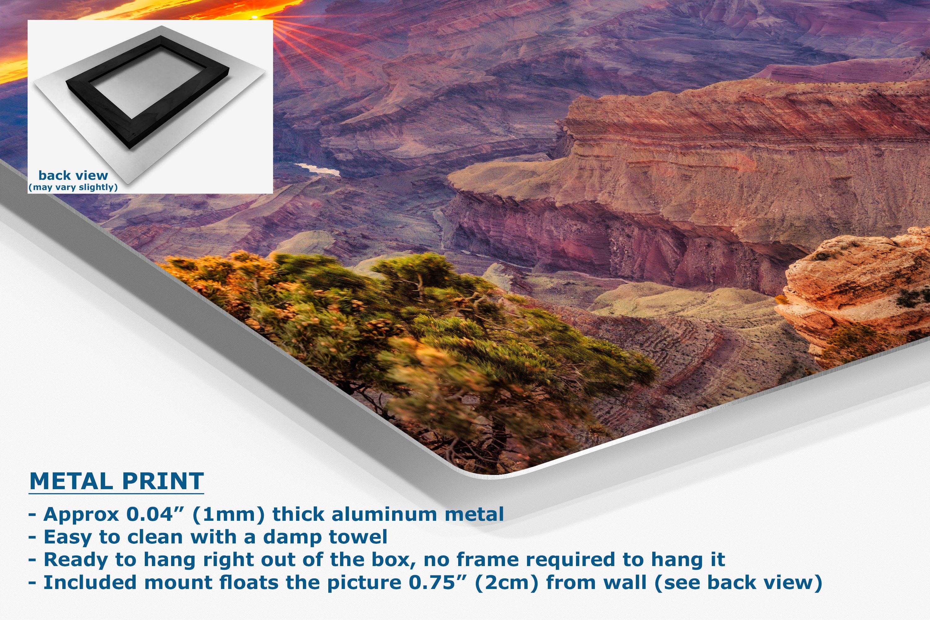 A corner view of an aluminum metal wall art print showing a canyon landscape, presented on a white background with a small inset showing the back view of the frameless aluminum print. Text at the bottom describes the product features.