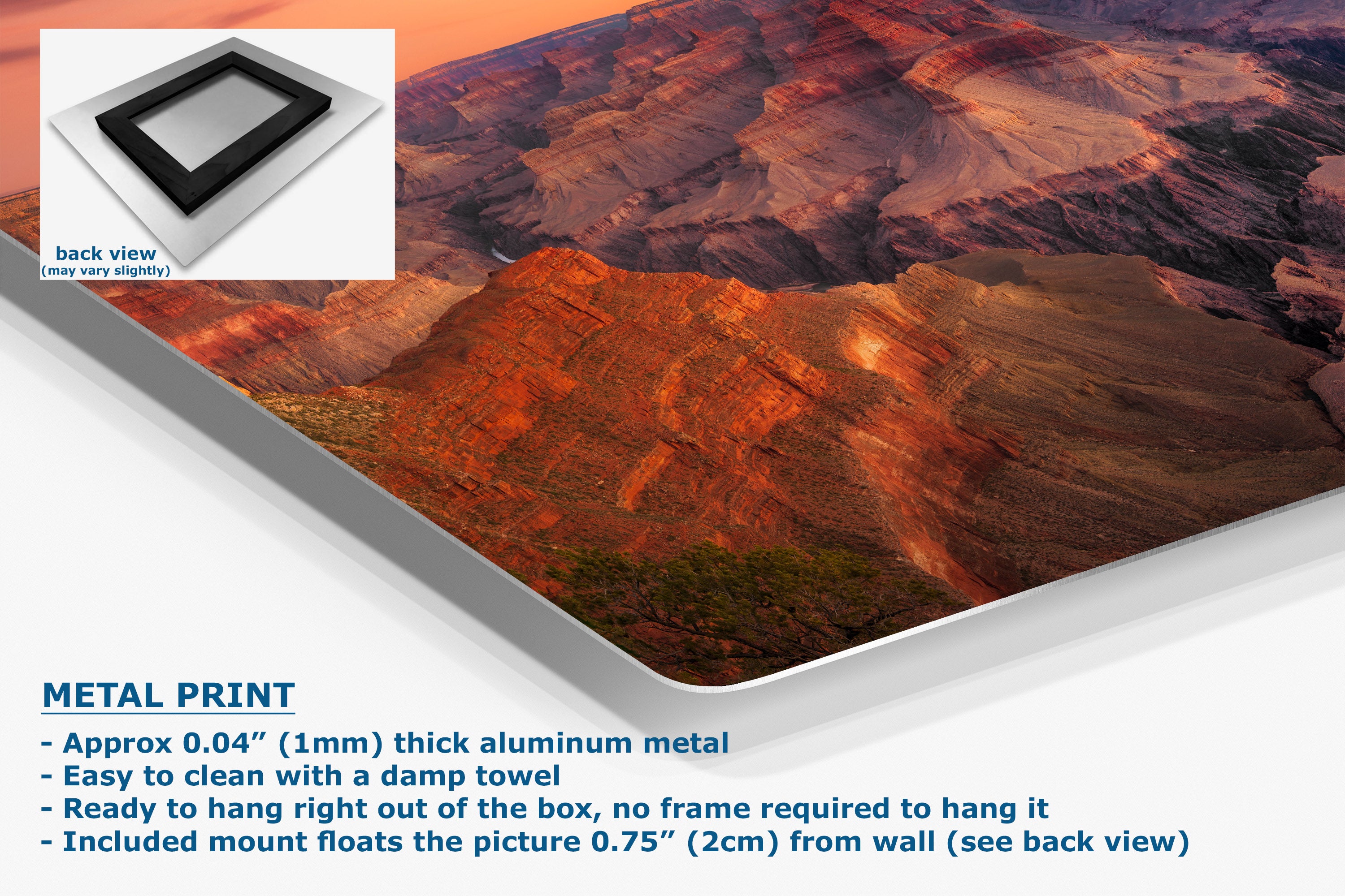 A corner view of an aluminum metal wall art print panel displaying a canyon landscape photo, shown at an angle with a small inset back-view swatch and text describing the product features.