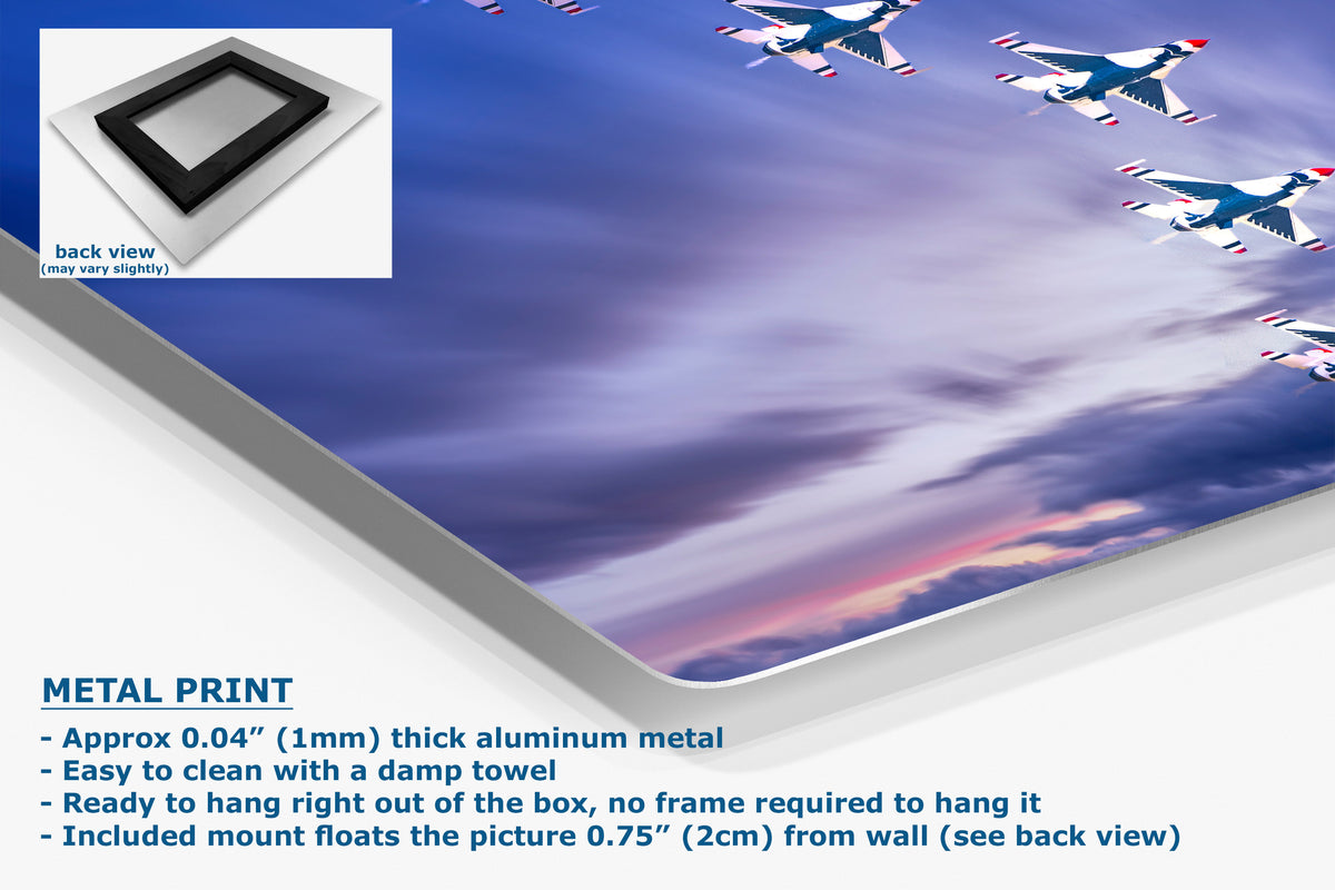 A corner view of an aluminum metal print wall art showing a sky scene with blue and white jets flying across a purple-blue sky, with text describing the aluminum finish and mounting details, plus a small back-view inset.
