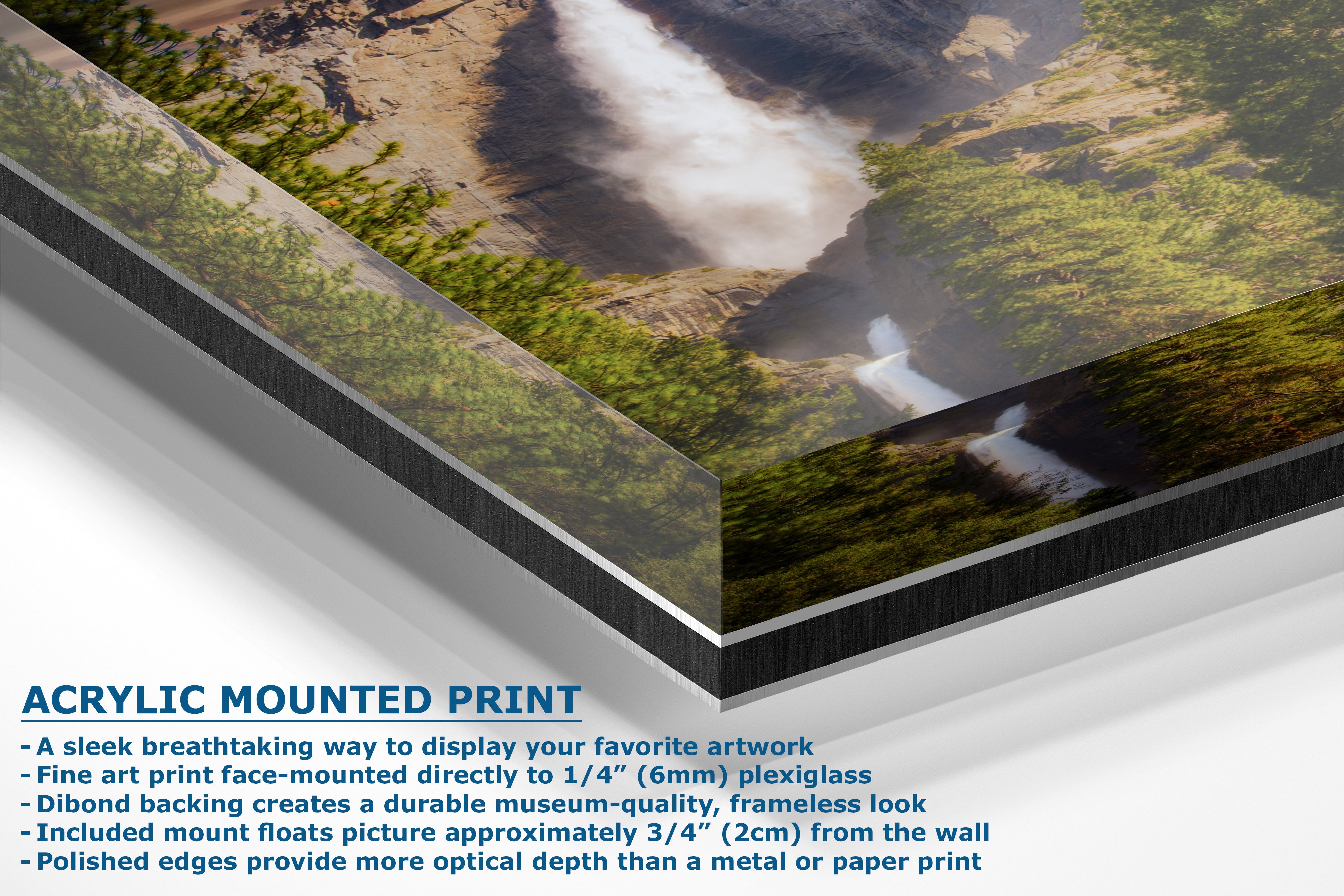 Acrylic mounted art print showing a waterfall landscape, with descriptive text on the bottom left detailing features like face-mounting to 1/4 inch plexiglass and dibond backing.