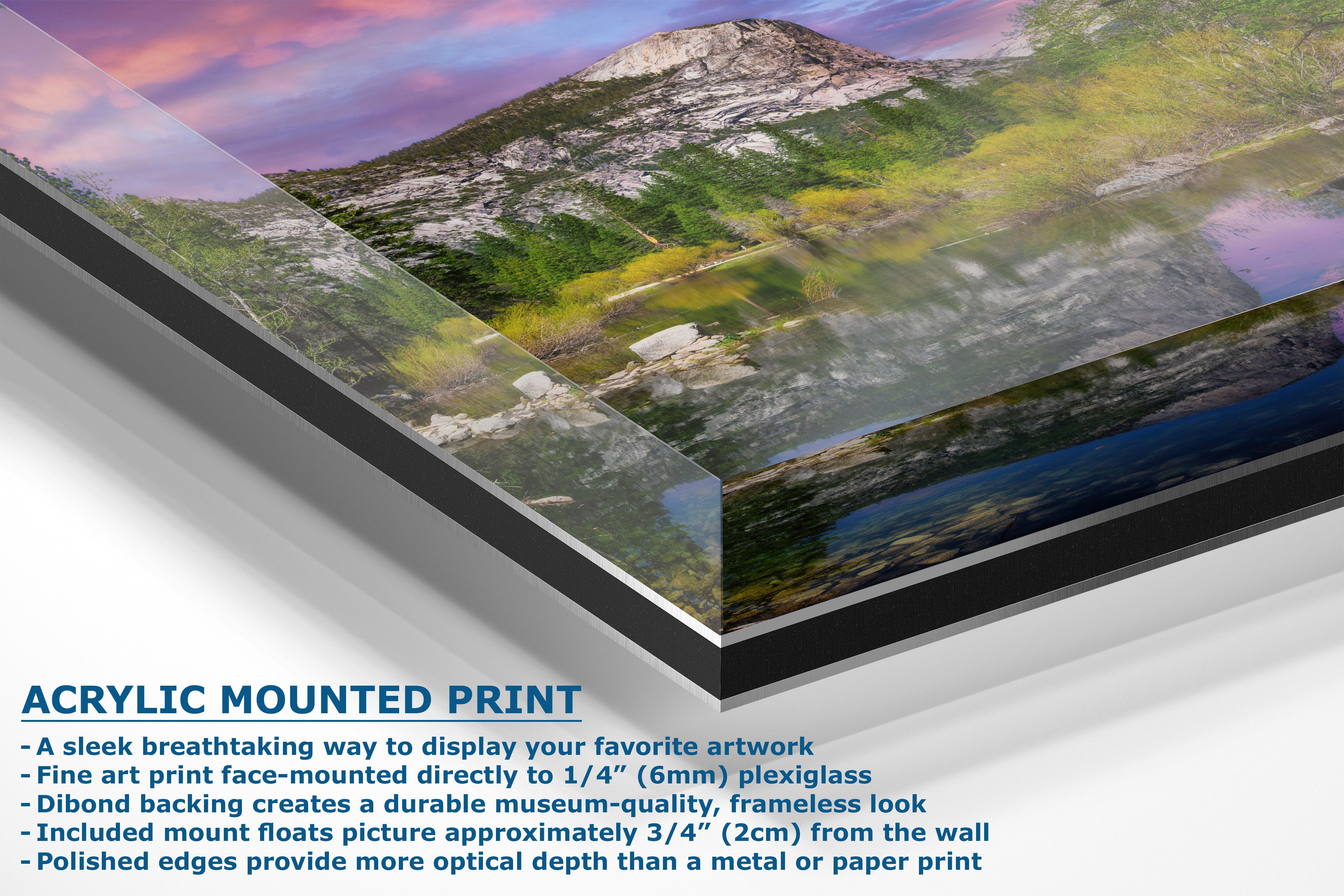 Acrylic mounted art print of a mountain landscape with colorful sky and green-yellow hills, shown at an angle with descriptive text about the acrylic frame-mount on a white background.