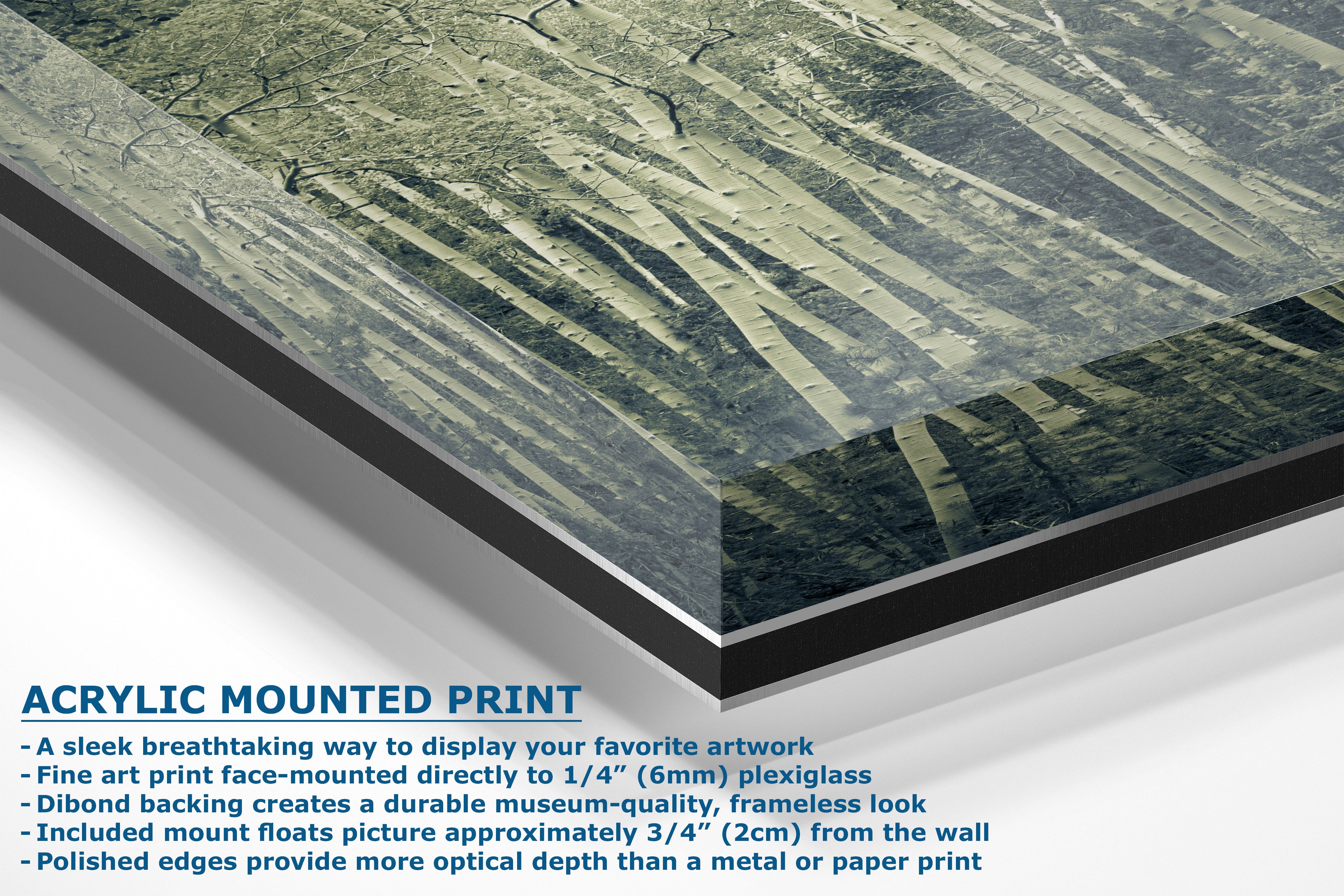 Acrylic mounted art print panel with a textured abstract design in green, gray, and black tones, shown at an angle with product feature text below on a white background.