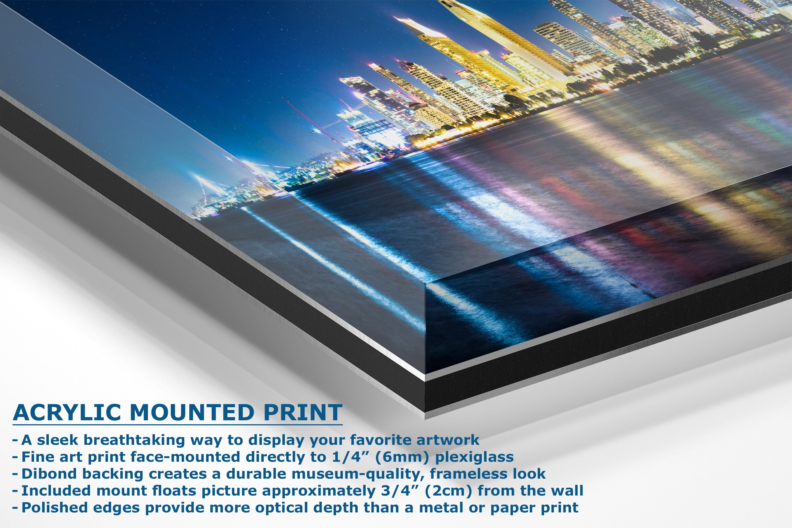 Acrylic mounted art print of a vibrant city skyline at night with colorful building reflections on water, shown at an angle with descriptive text below.