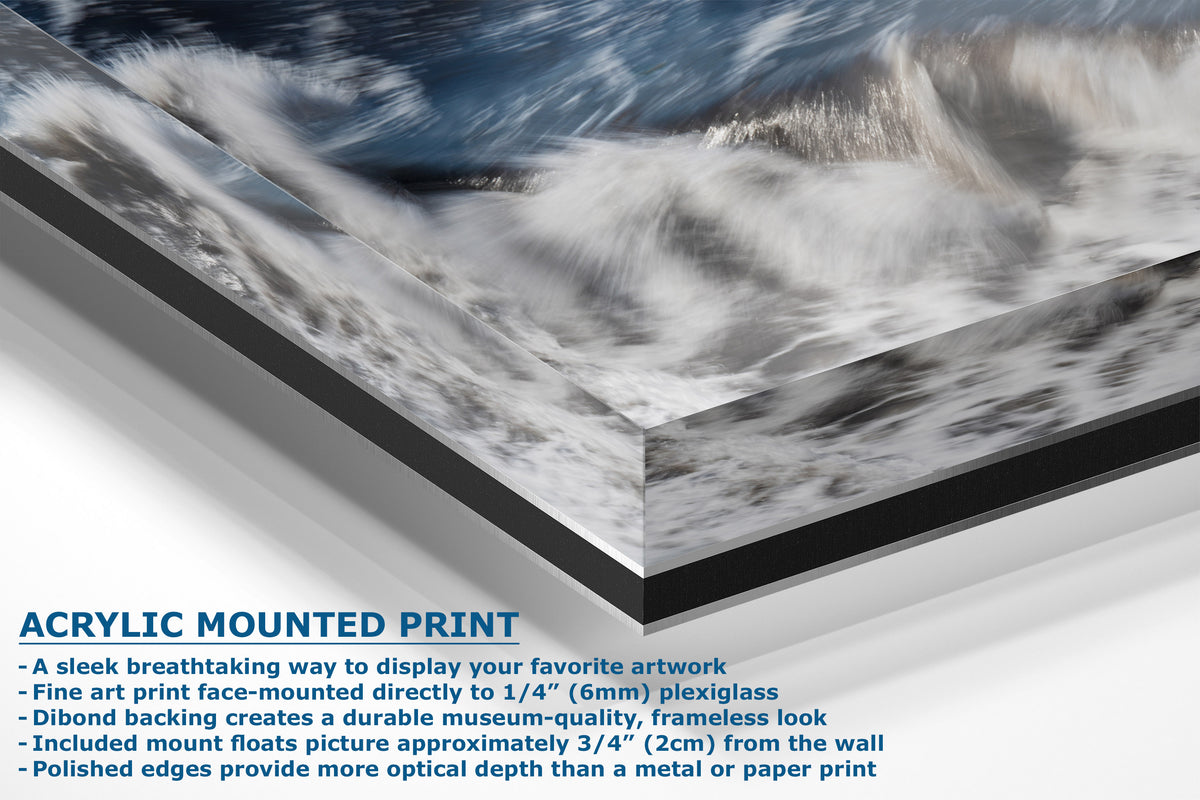 Acrylic mounted art print panel showing a dramatic ocean wave scene, with descriptive text highlighting the frame-mounting and glossy finish.