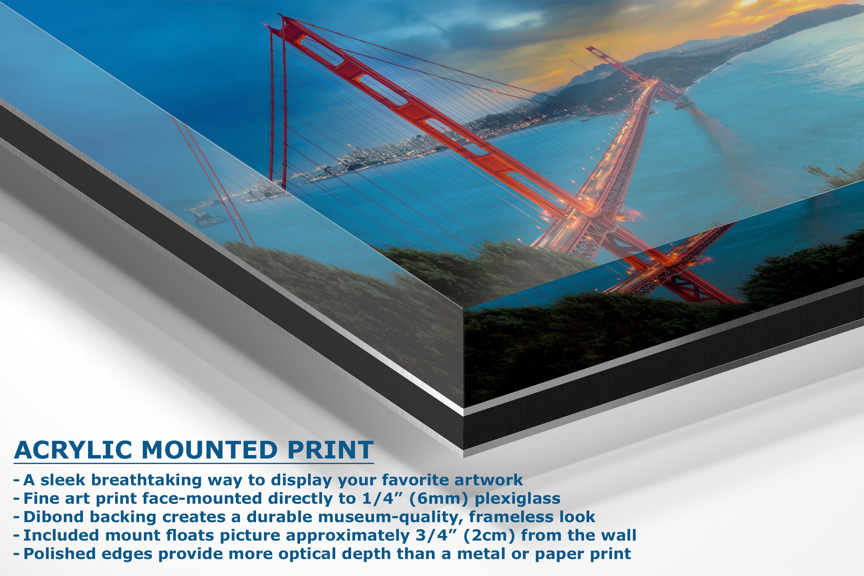 An acrylic-mounted art print of the Golden Gate Bridge over water, shown at an angle with descriptive text below on a white background.