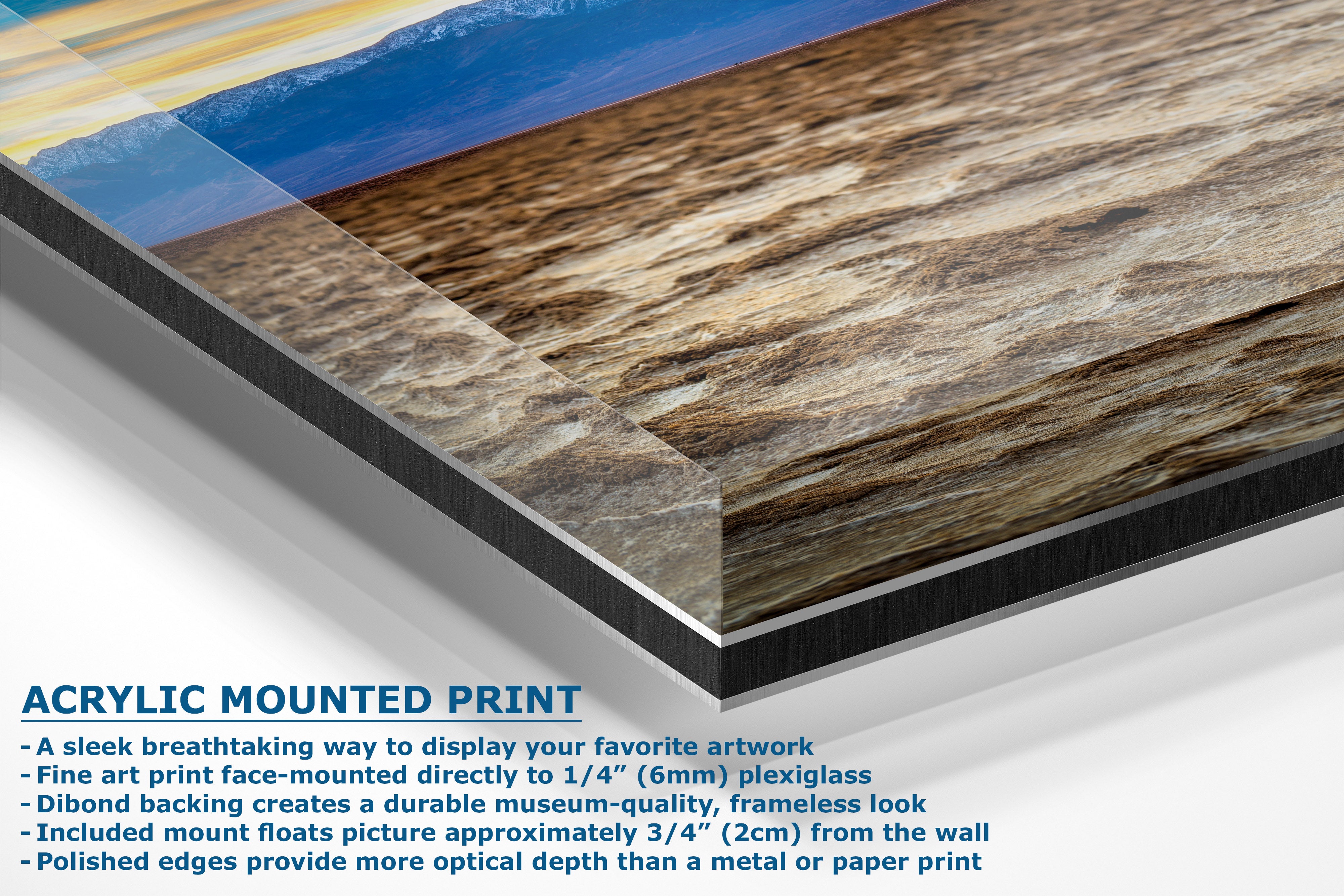 Acrylic mounted art print with a wood grain pattern, shown at an angle with descriptive text highlighting its features.