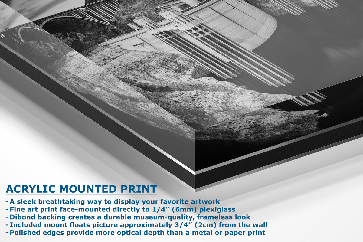 A black and white art print shown at an angle with marketing text below reading 'ACRYLIC MOUNTED PRINT' and bullet points describing the mount features.