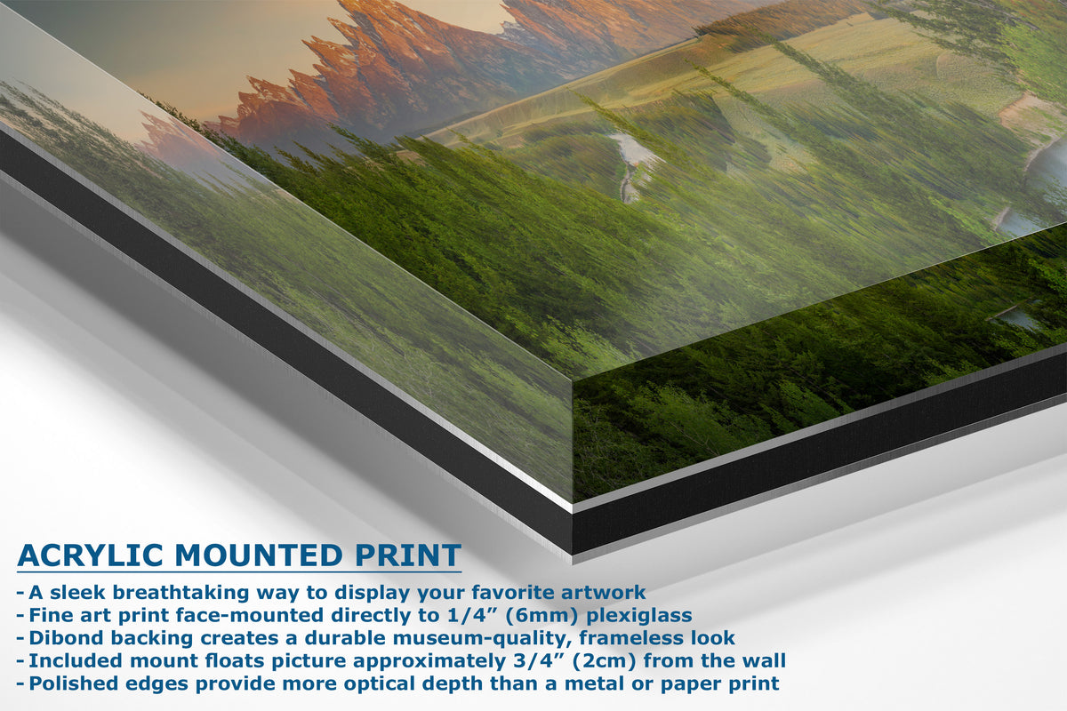 Acrylic mounted art print shown at an angle with descriptive text on a white background. The print features a landscape scene with green fields, orange trees, and a sunset sky.