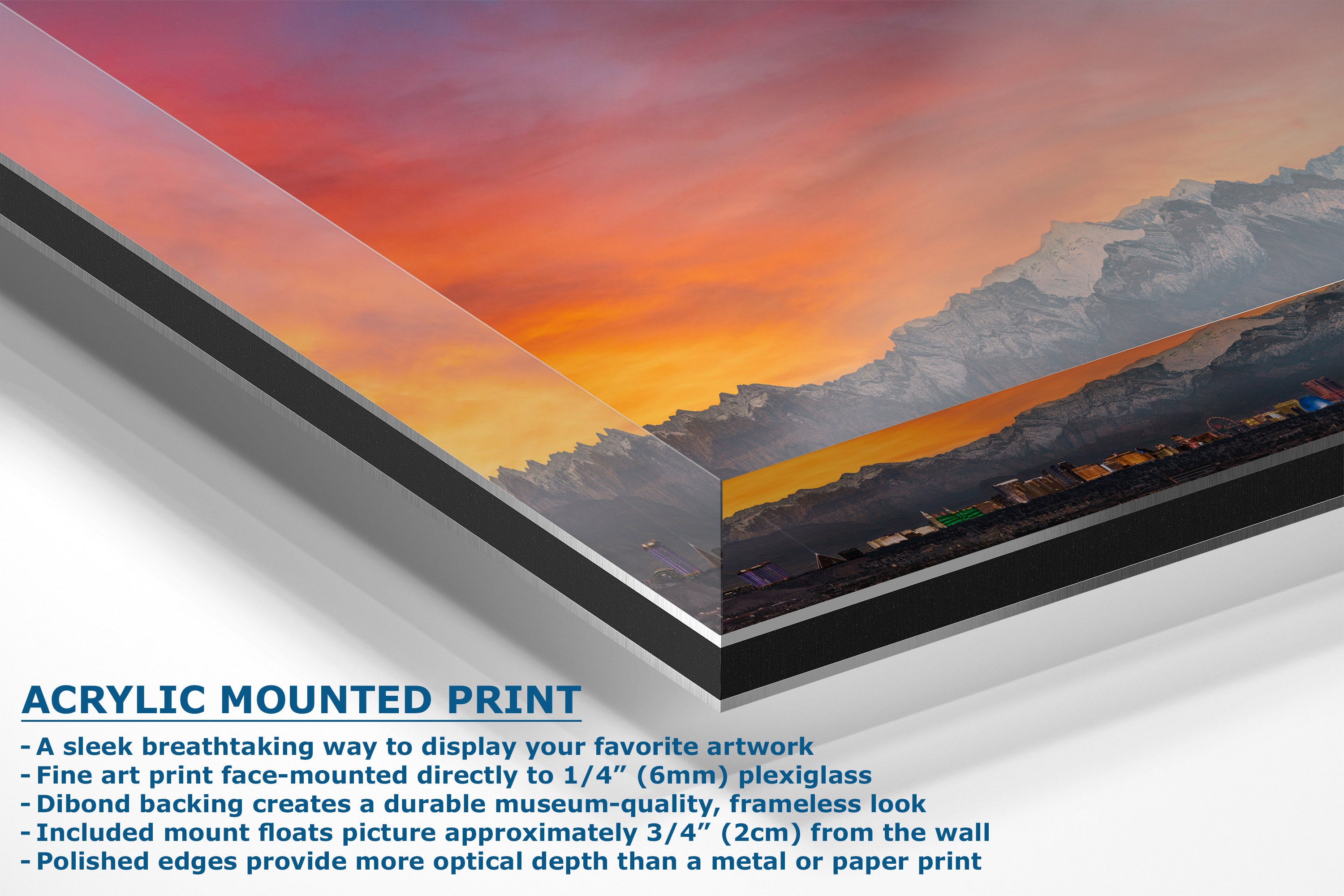 Acrylic mounted art print display showing a colorful sunset landscape artwork with descriptive text on a clean white background.