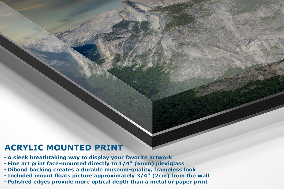 Acrylic mounted art print featuring a landscape photograph of mountains and forests, shown with a text overlay detailing its features and specifications.