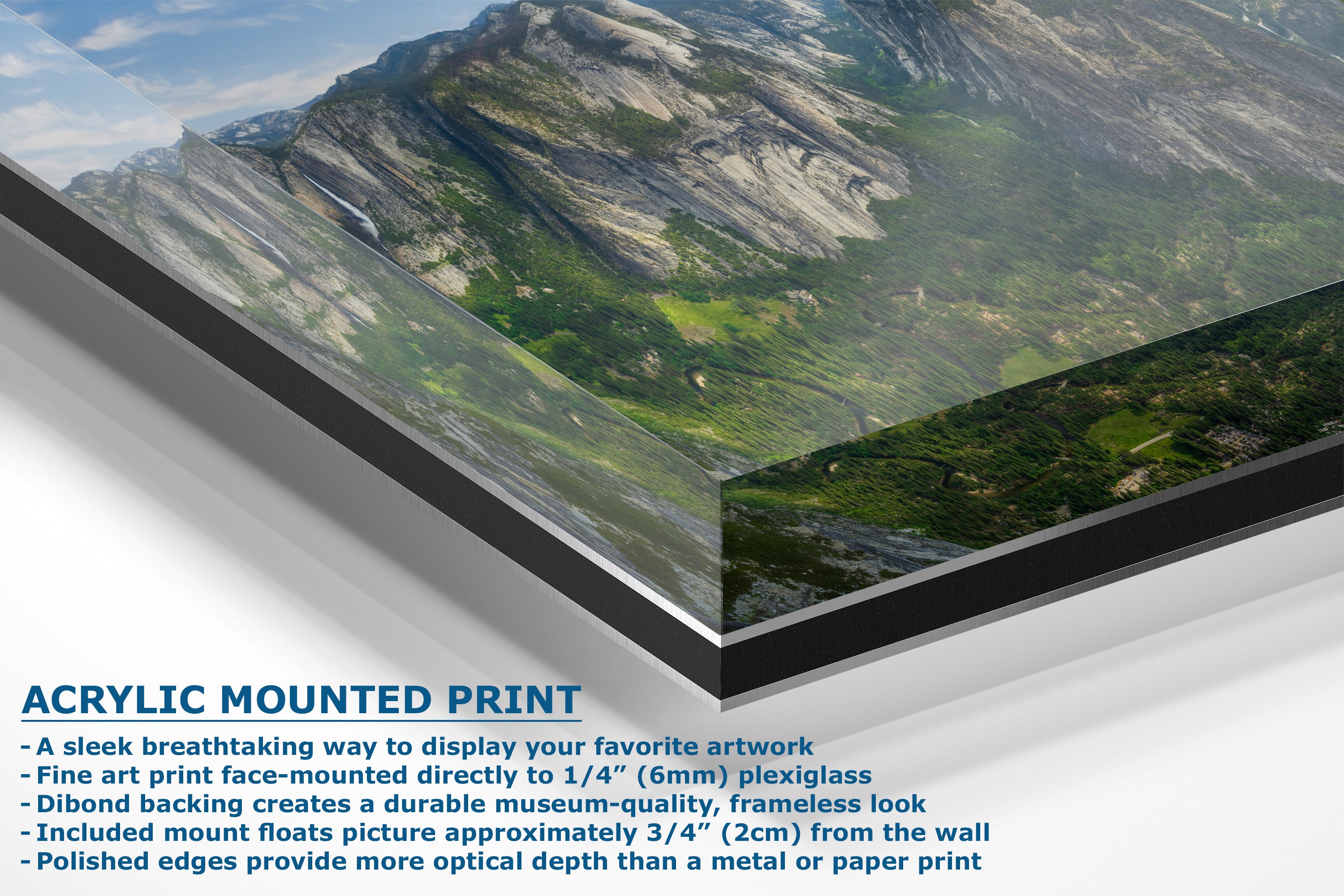 A corner view of an acrylic mounted art print showing a mountain landscape with descriptive text highlighting its frameless, edge-polished display quality.