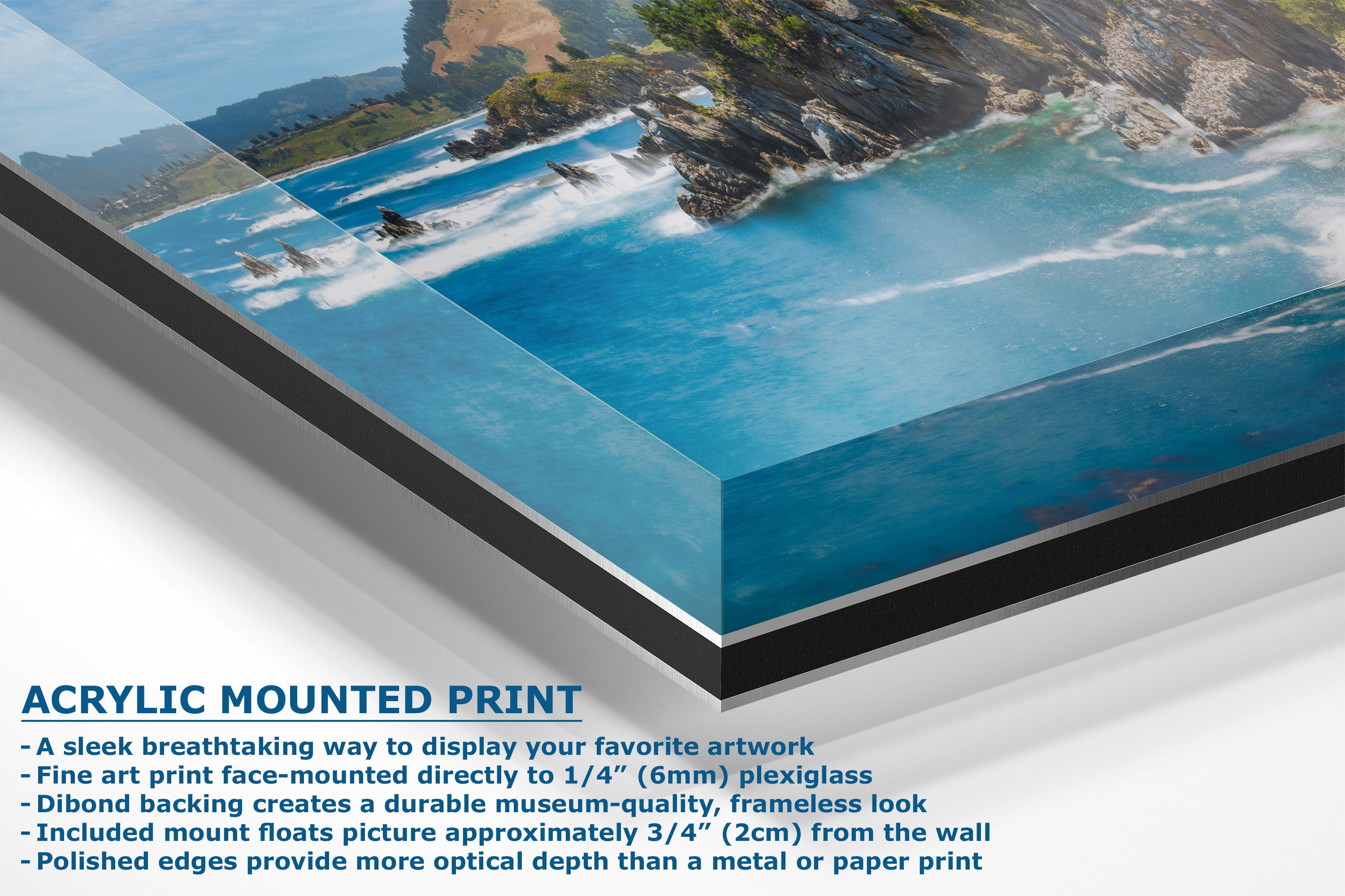 An acrylic mounted art print panel displaying a coastal ocean landscape, shown at an angle with descriptive text about the print on a white background.