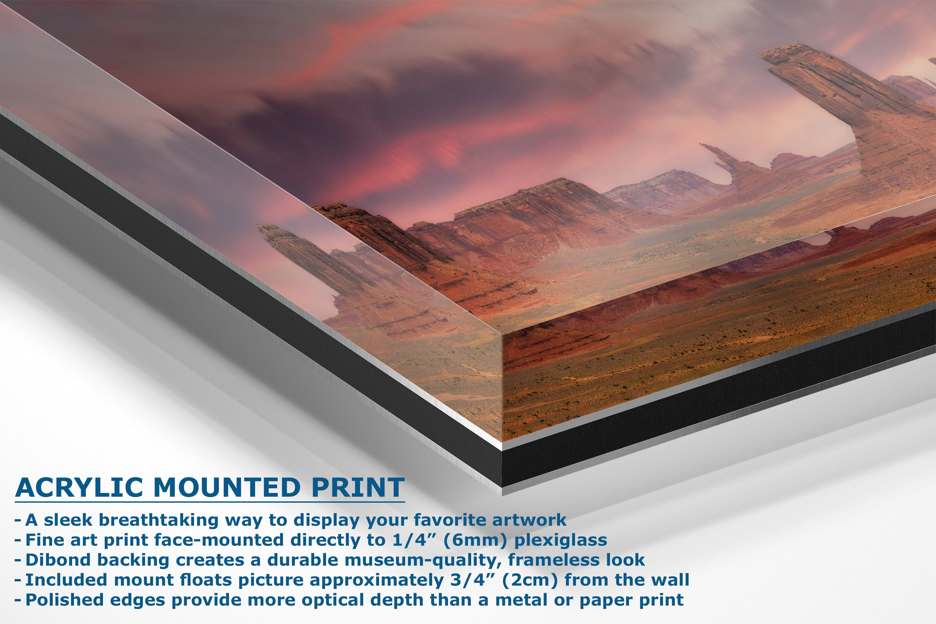 Acrylic mounted art print of a desert landscape with rock formations under a pink and orange sky, shown at an angle with product specifications text below.