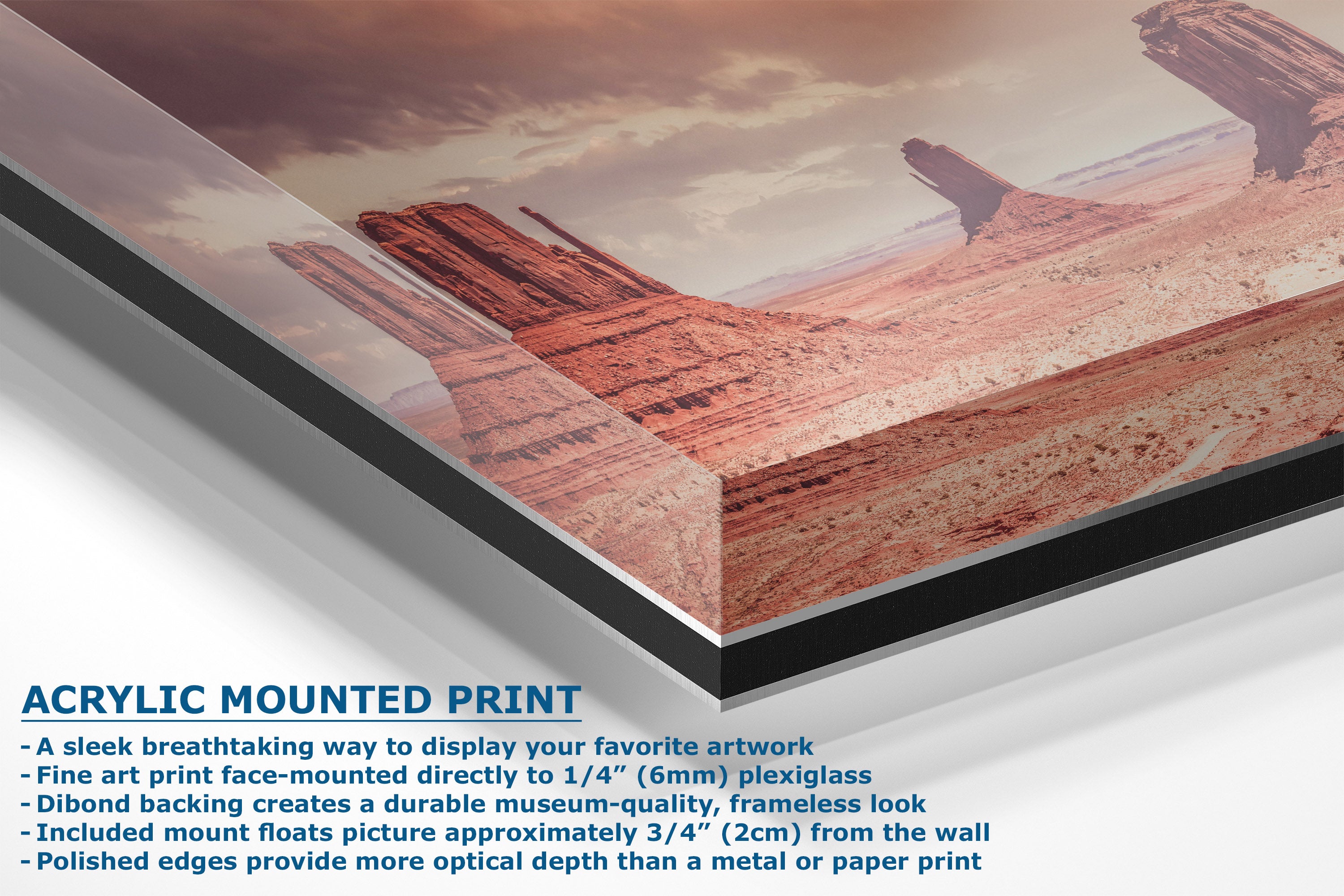 Acrylic mounted art print showing a desert canyon landscape with reddish rock formations under a cloudy sky, with product features and text callouts on a white background.