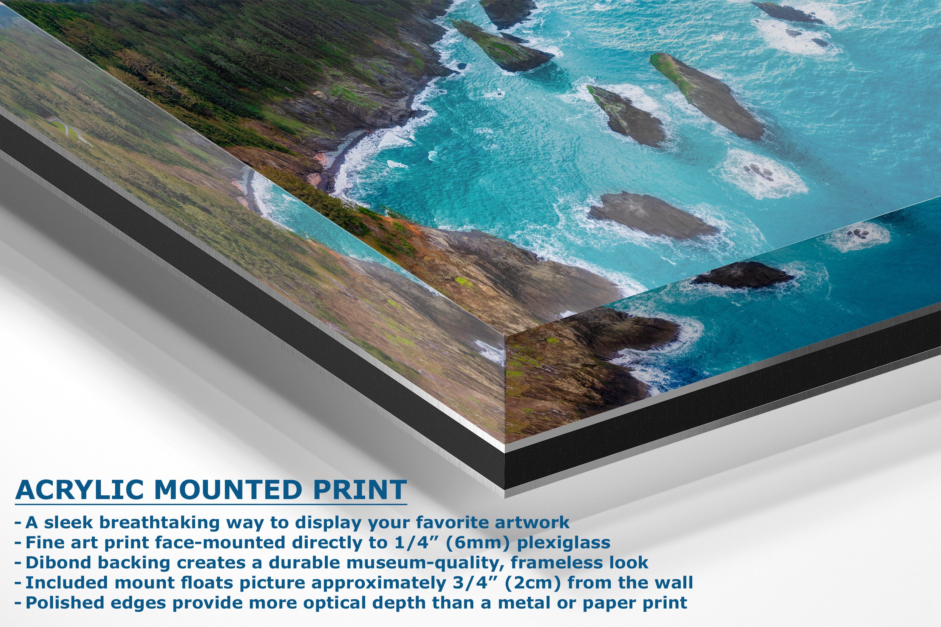 Acrylic mounted art print of an aerial coastal scene with turquoise water, green cliffs, and dark rocks, shown at an angle with product text below on a white background.