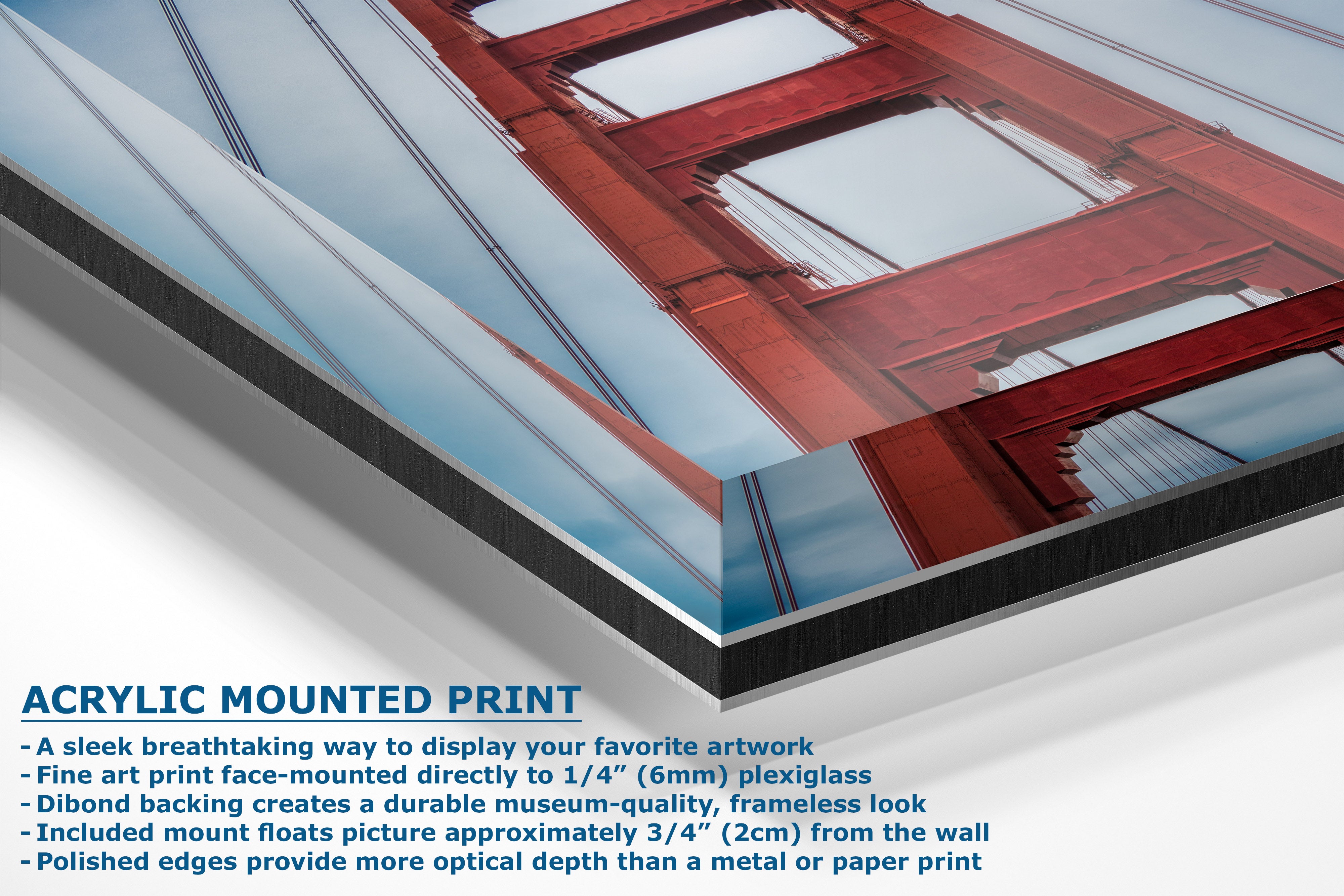 Acrylic mounted art print featuring a close-up photograph of the Golden Gate Bridge, shown at an angle with descriptive text highlighting its frame-mounting and glossy finish.