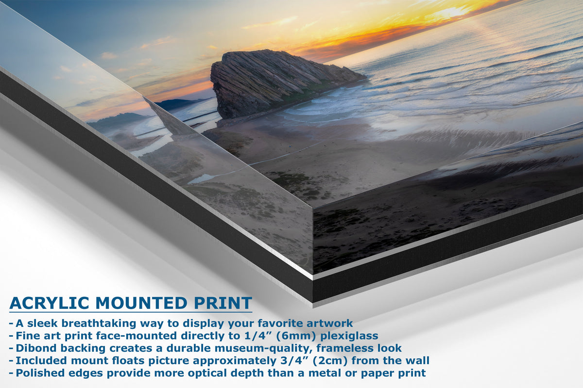 Acrylic mounted print of a coastal rock formation at sunset, shown at an angle with text describing the acrylic frame-mount features and benefits.