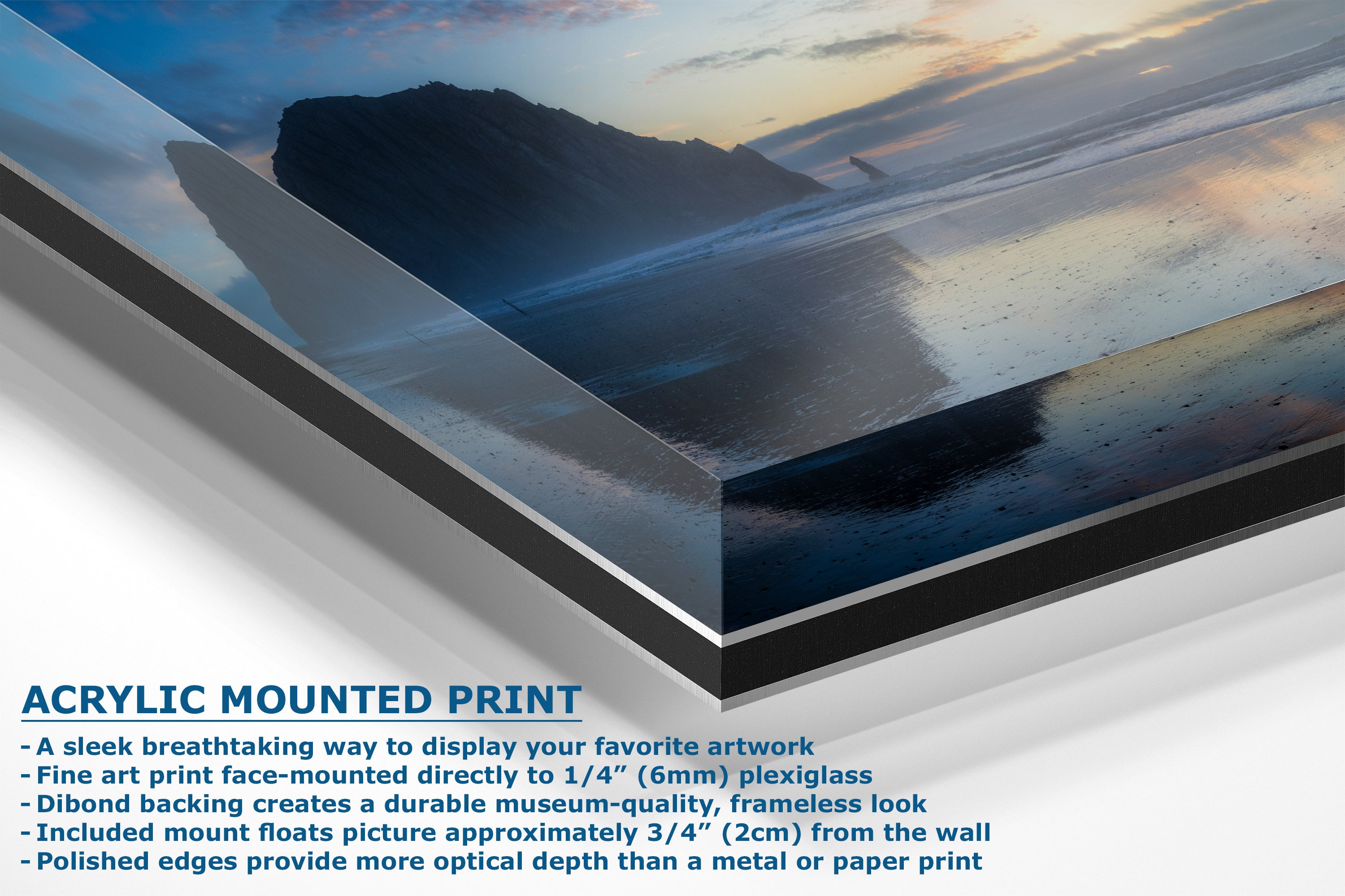 Acrylic mounted art print of a coastal landscape with a dark cliff and ocean at sunset, shown at an angle with product text details on a white background.
