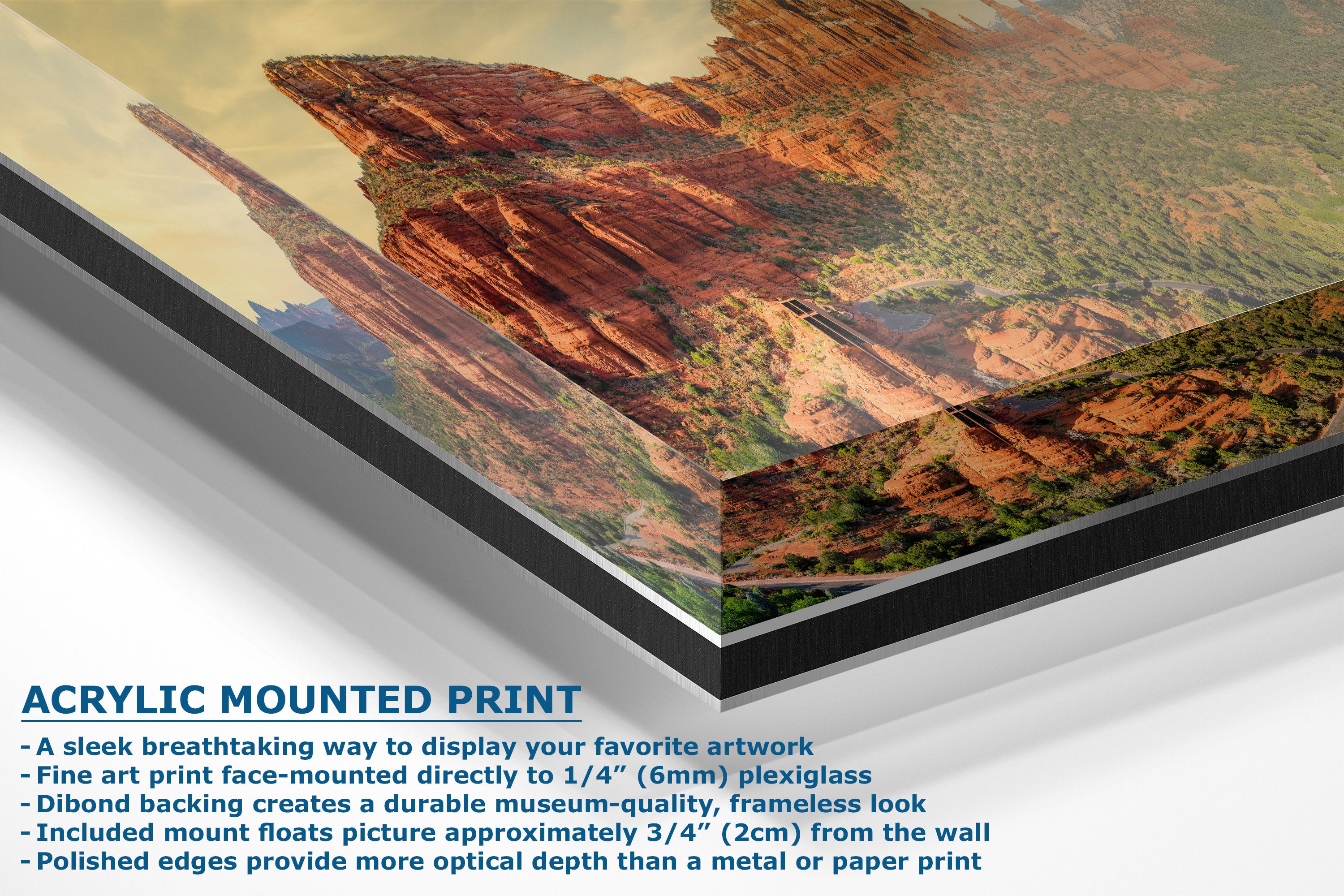 Acrylic mounted art print of a desert canyon landscape, shown at an angle with descriptive text highlighting its features and dimensions.