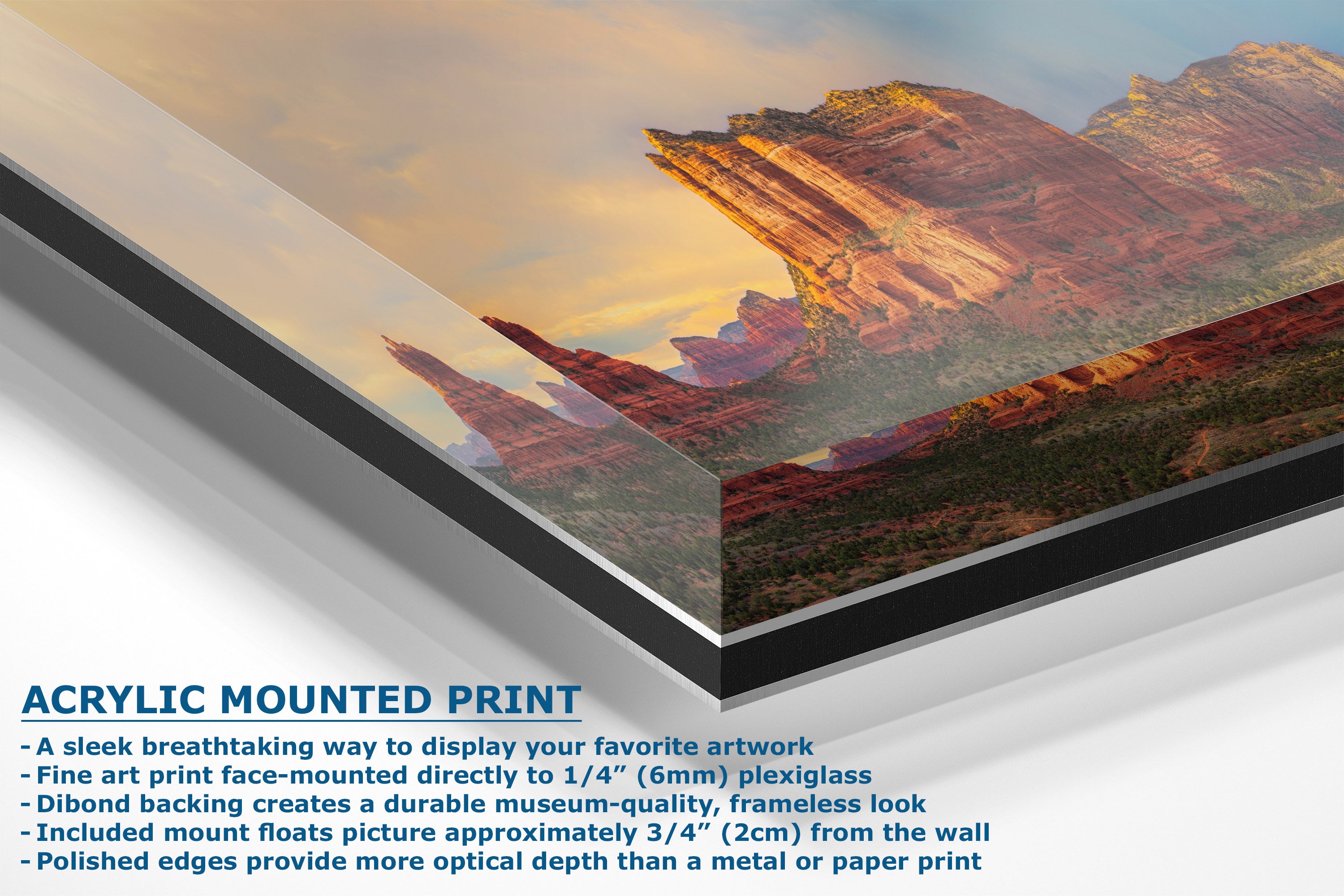 Acrylic mounted art print of a desert landscape with red rock formations under a warm sky, shown at an angle with product text and specifications on a white background.