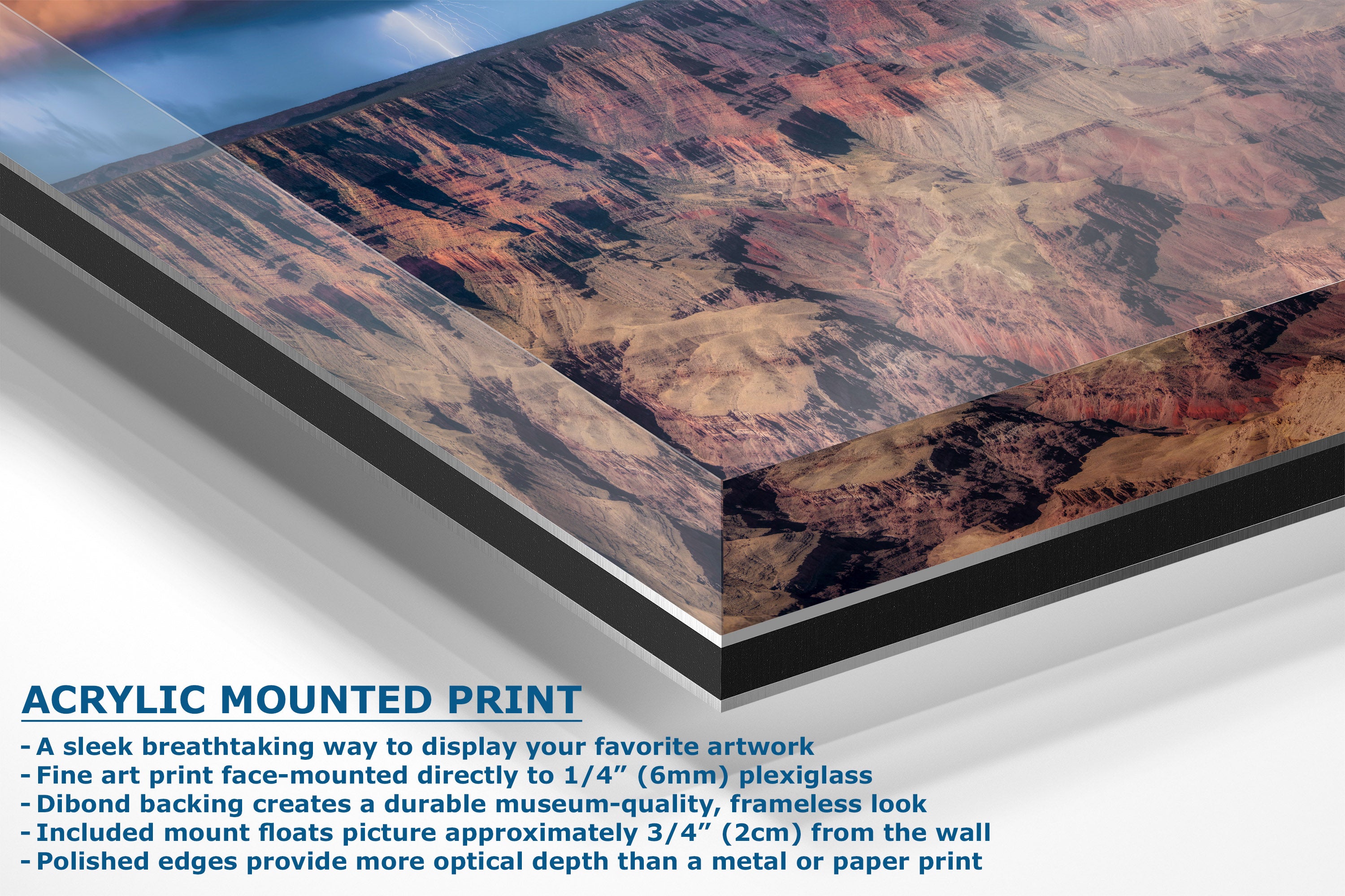 Acrylic mounted art print panel displaying a canyon landscape, with descriptive text highlighting features like plexiglass mounting and frameless look.