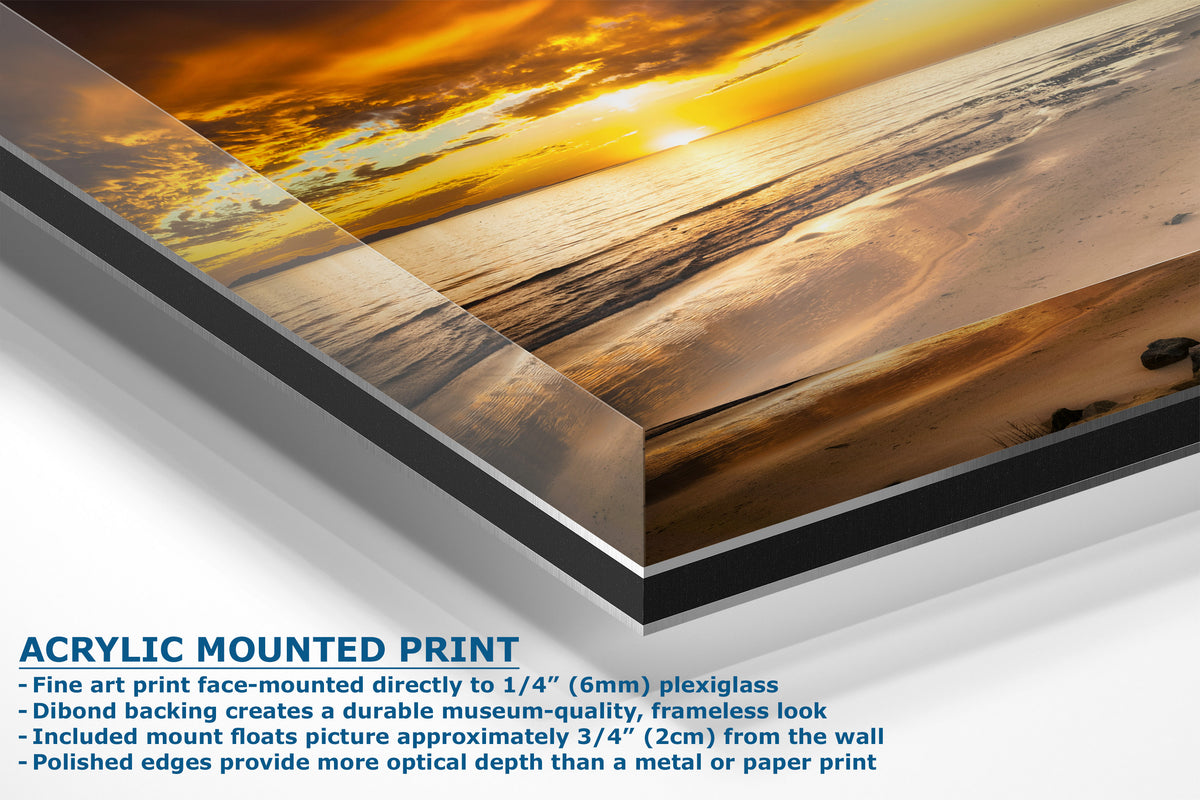 Acrylic mounted art print of an ocean sunset scene, shown at an angle with product details and text overlays on a white background.